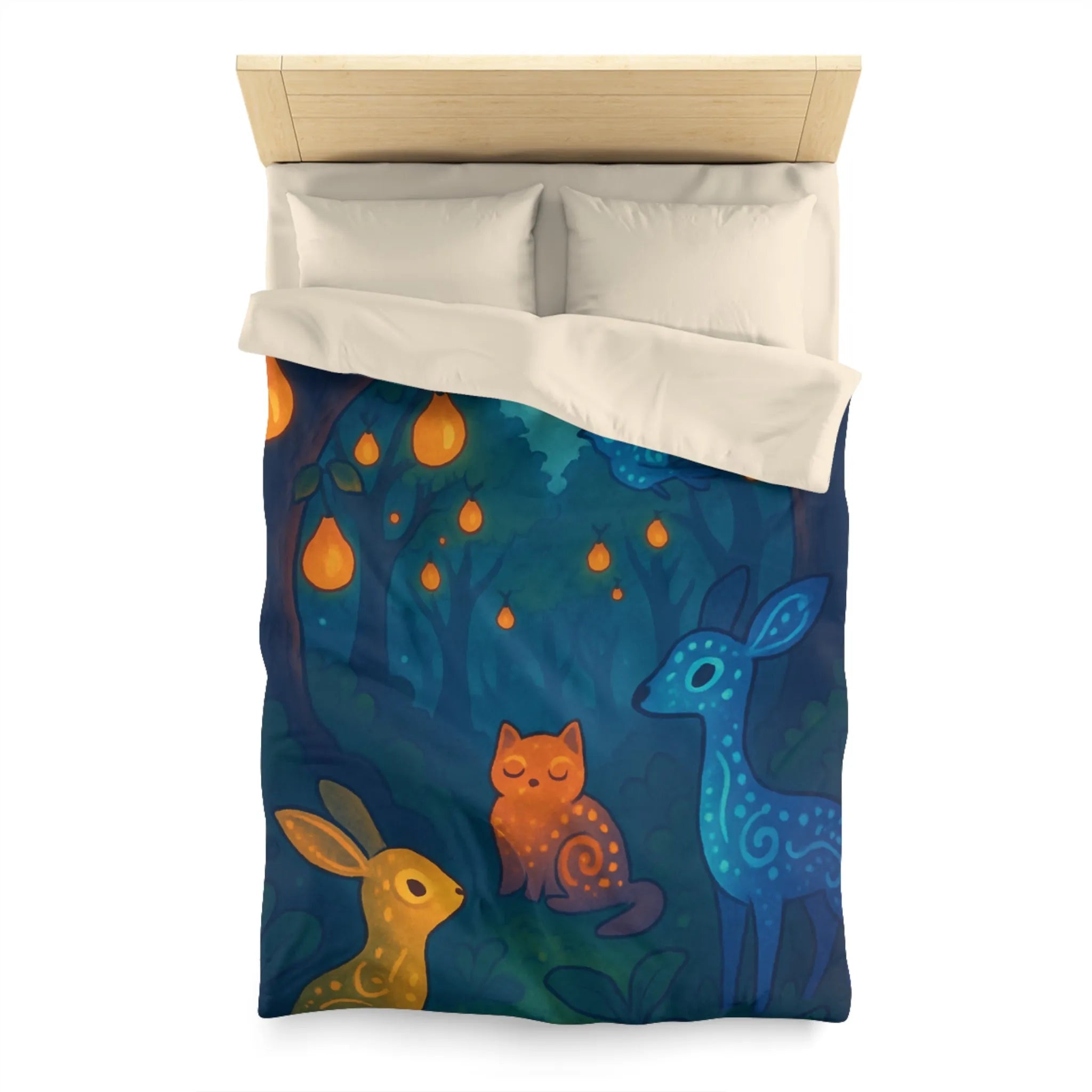 Housse de couette féerique avec animaux et forêt illuminée de lanternes magiques