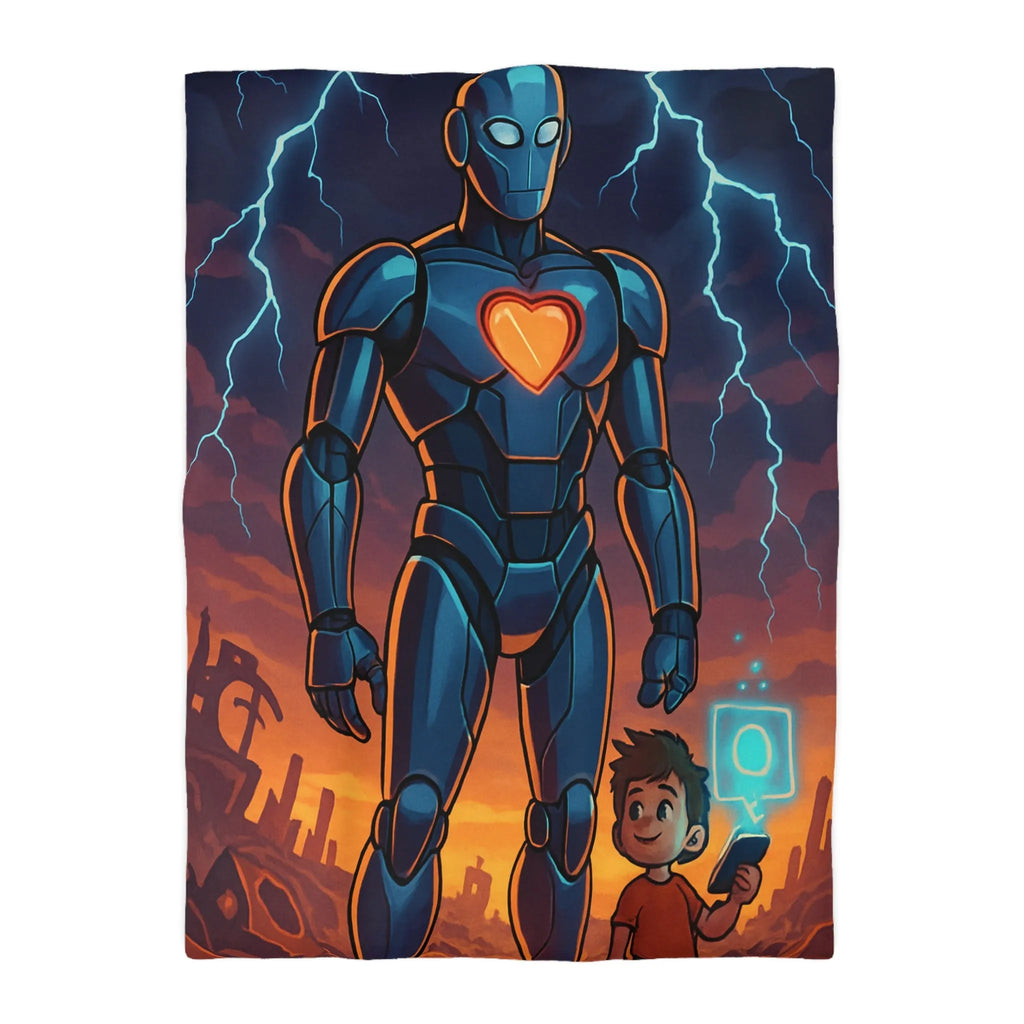 Housse de couette illustrée robot et enfant avec cœur lumineux et ciel orageux