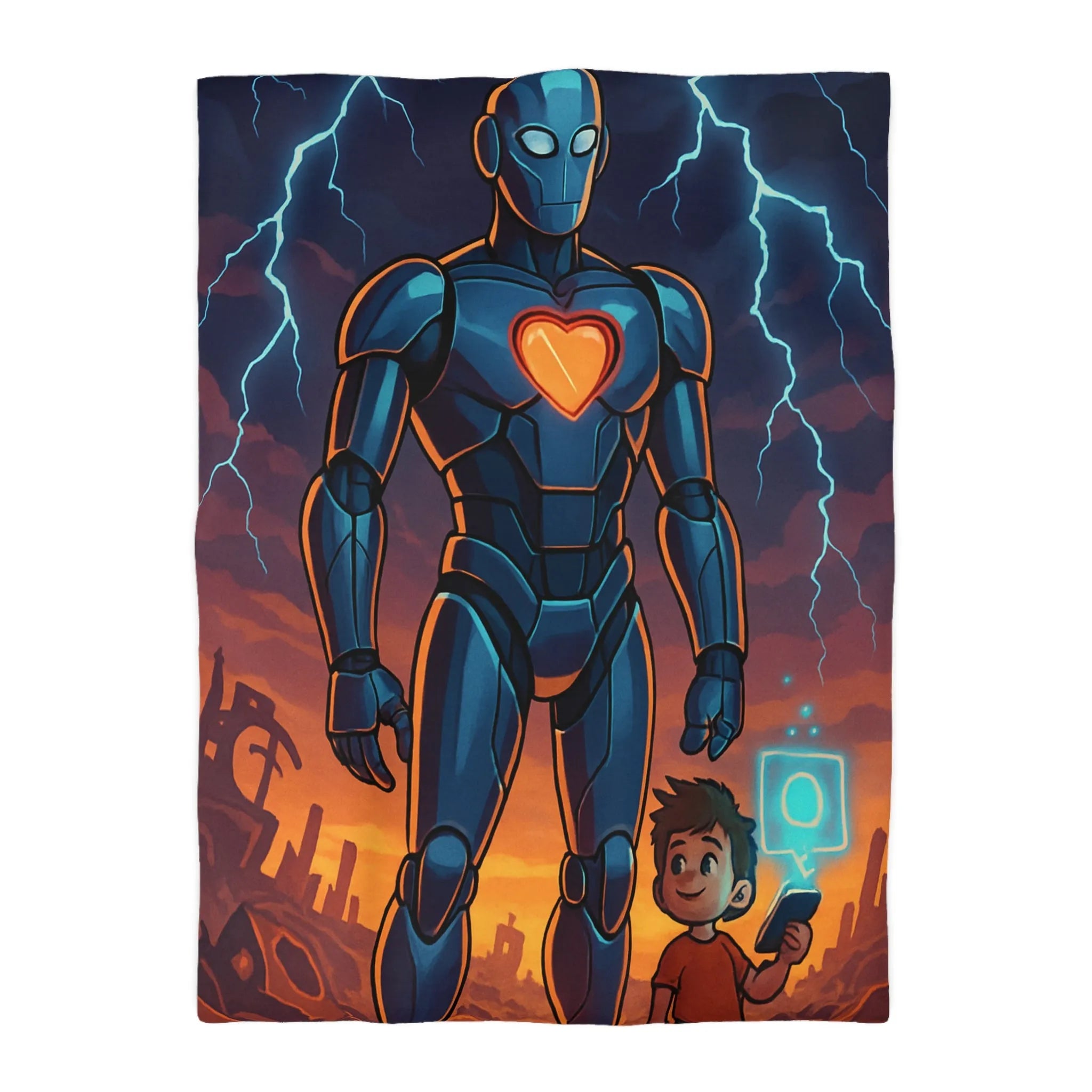 Housse de couette illustrée robot et enfant avec cœur lumineux et ciel orageux