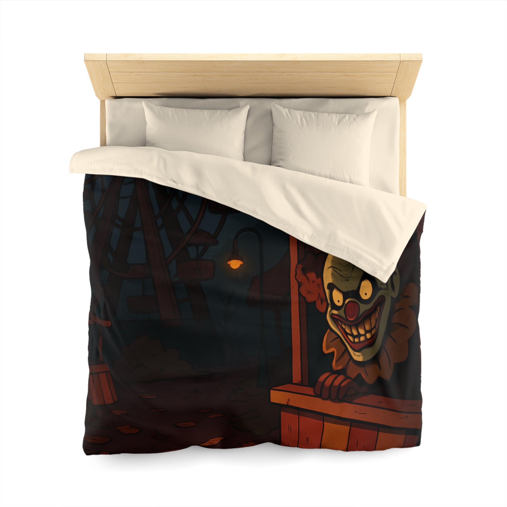 Housse de couette terrifiante avec clown sinistre et grande roue inquiétante la nuit