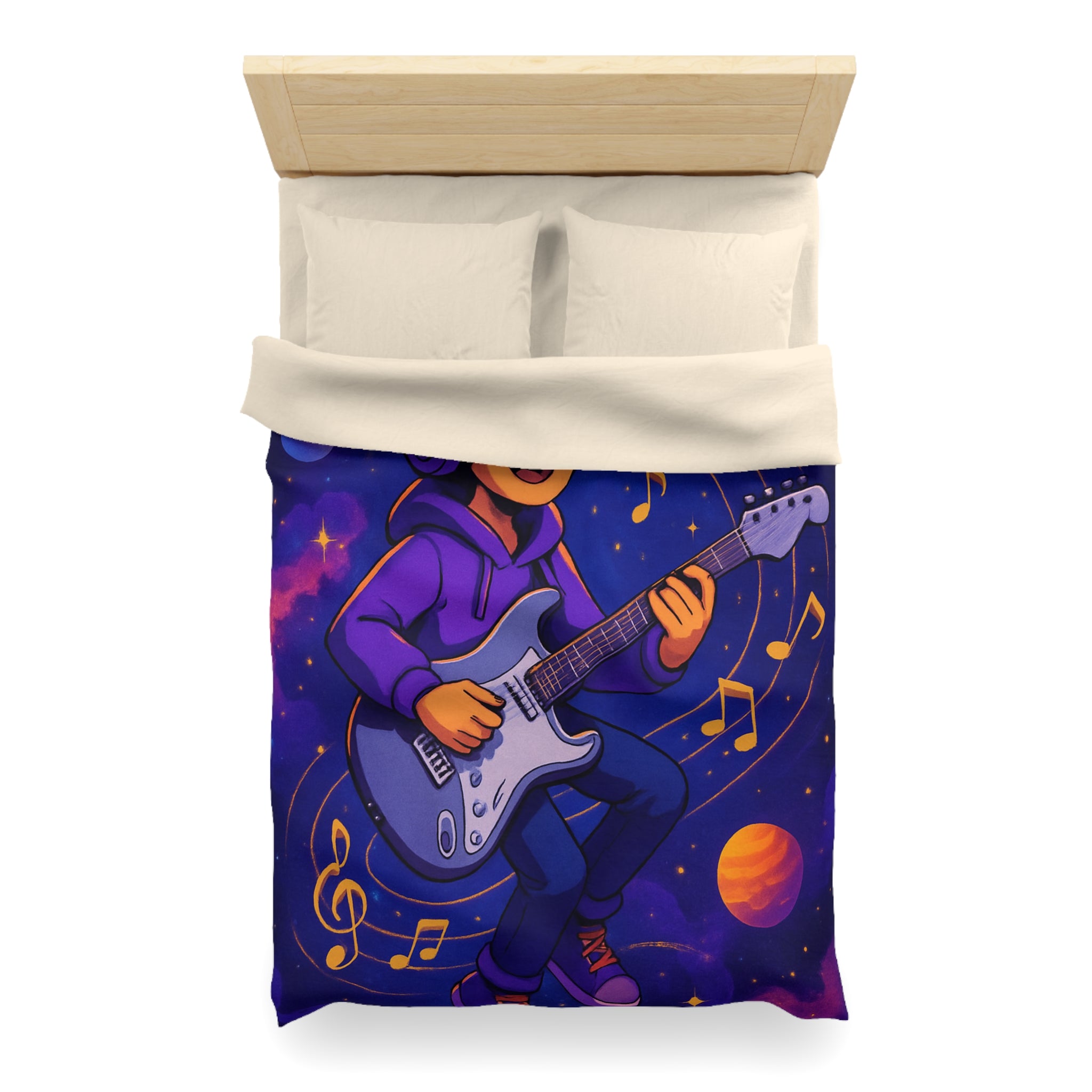 Housse de couette musicale avec planète, guitare et ciel cosmique coloré, ambiance rêveuse