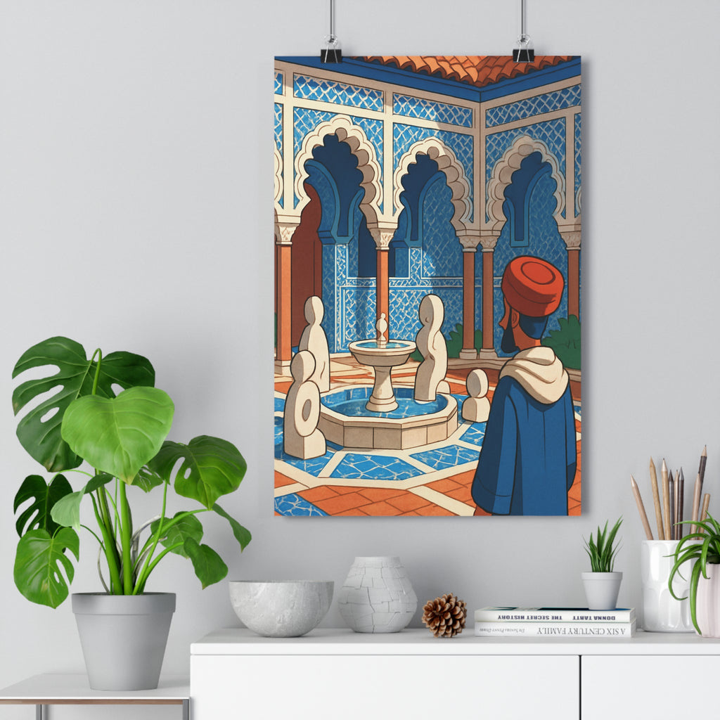 Poster décoratif cartoon bleu terracotta mystique salon chambre art élégant exotique traditionnel fontaine architecturale