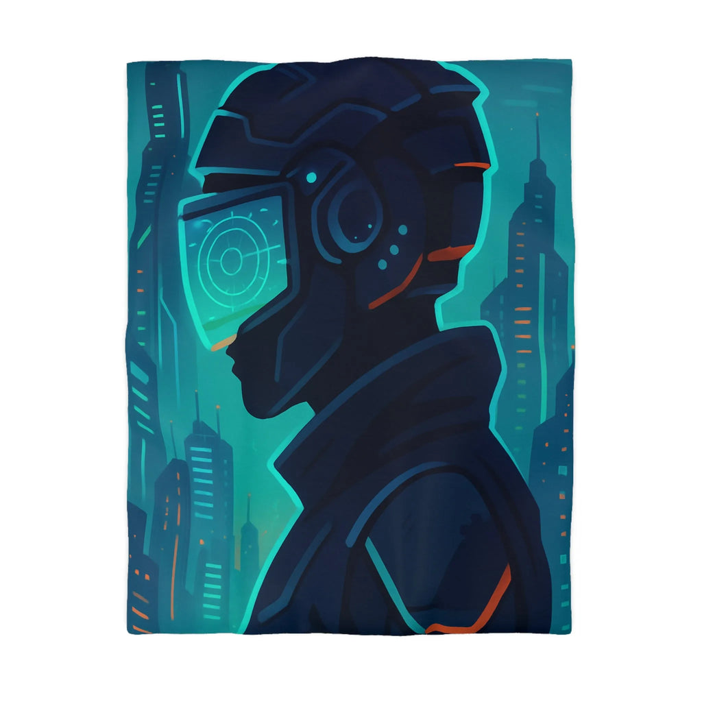 Housse de couette futuriste avec casque de réalité virtuelle et gratte-ciels lumineux