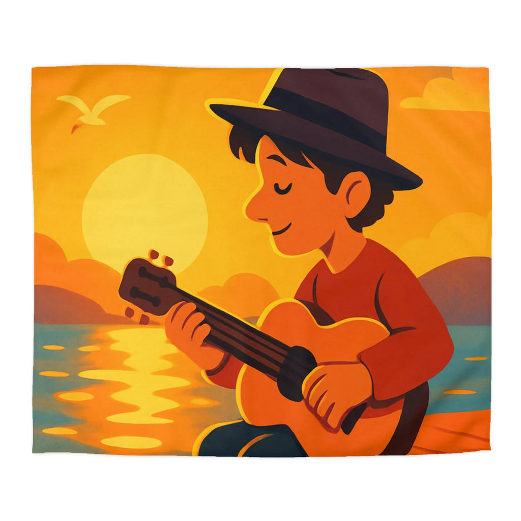 Housse de couette avec illustration relaxante d'un coucher de soleil et musicien