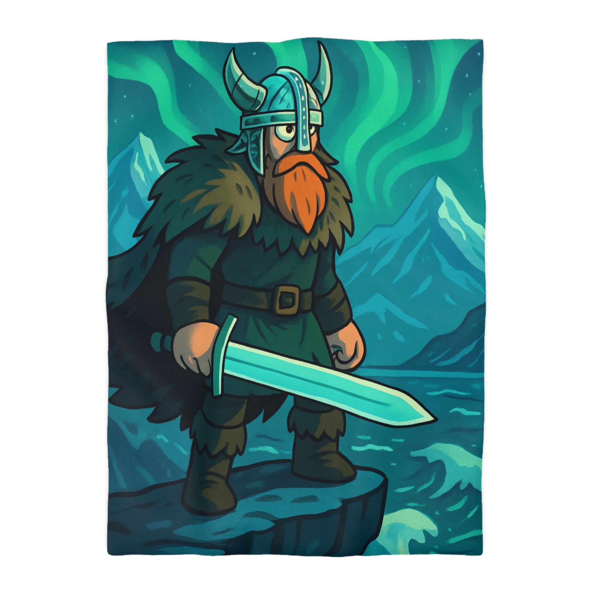 Housse de couette viking avec aurore boréale, montagnes majestueuses et guerrier barbu