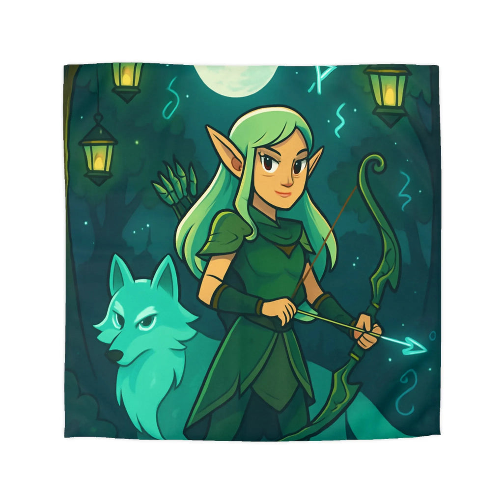 Housse de couette elfe archère et loup sous lune magique dans forêt mystérieuse