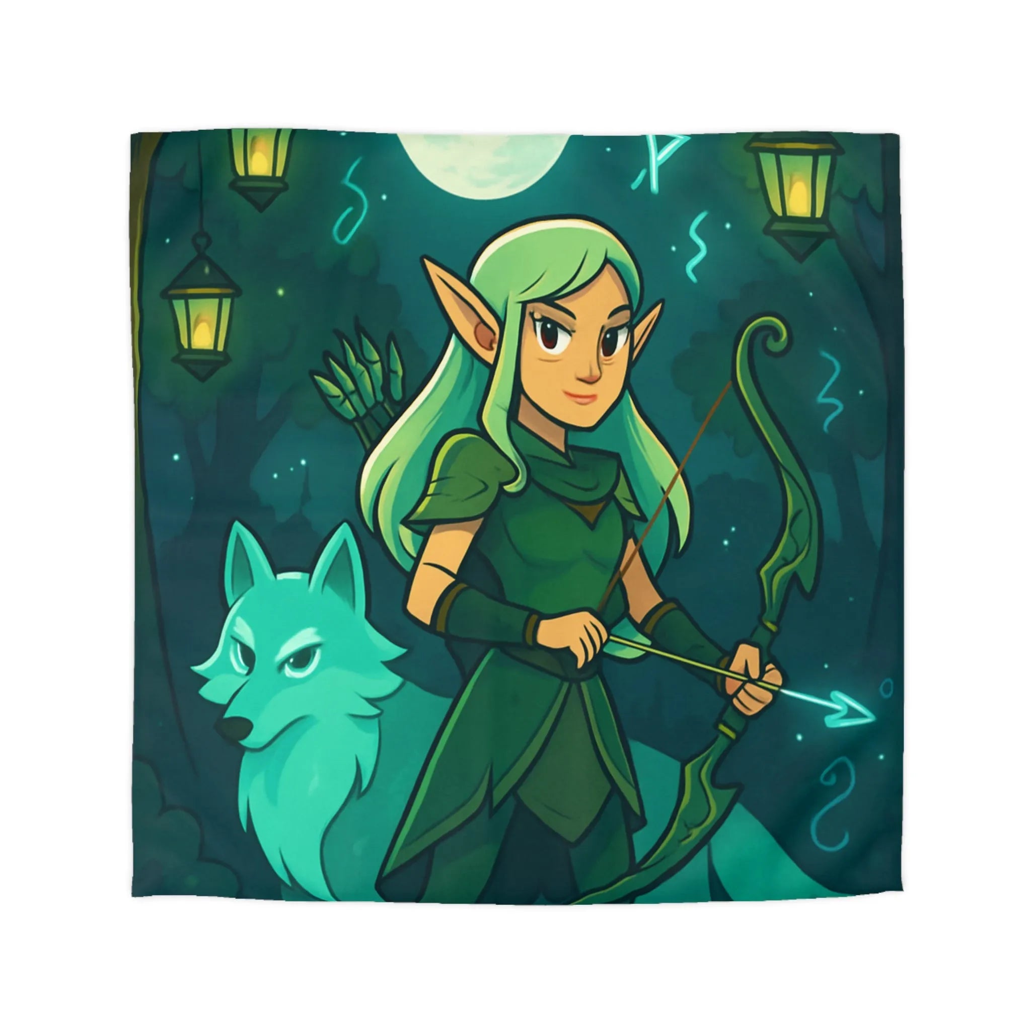 Housse de couette elfe archère et loup sous lune magique dans forêt mystérieuse