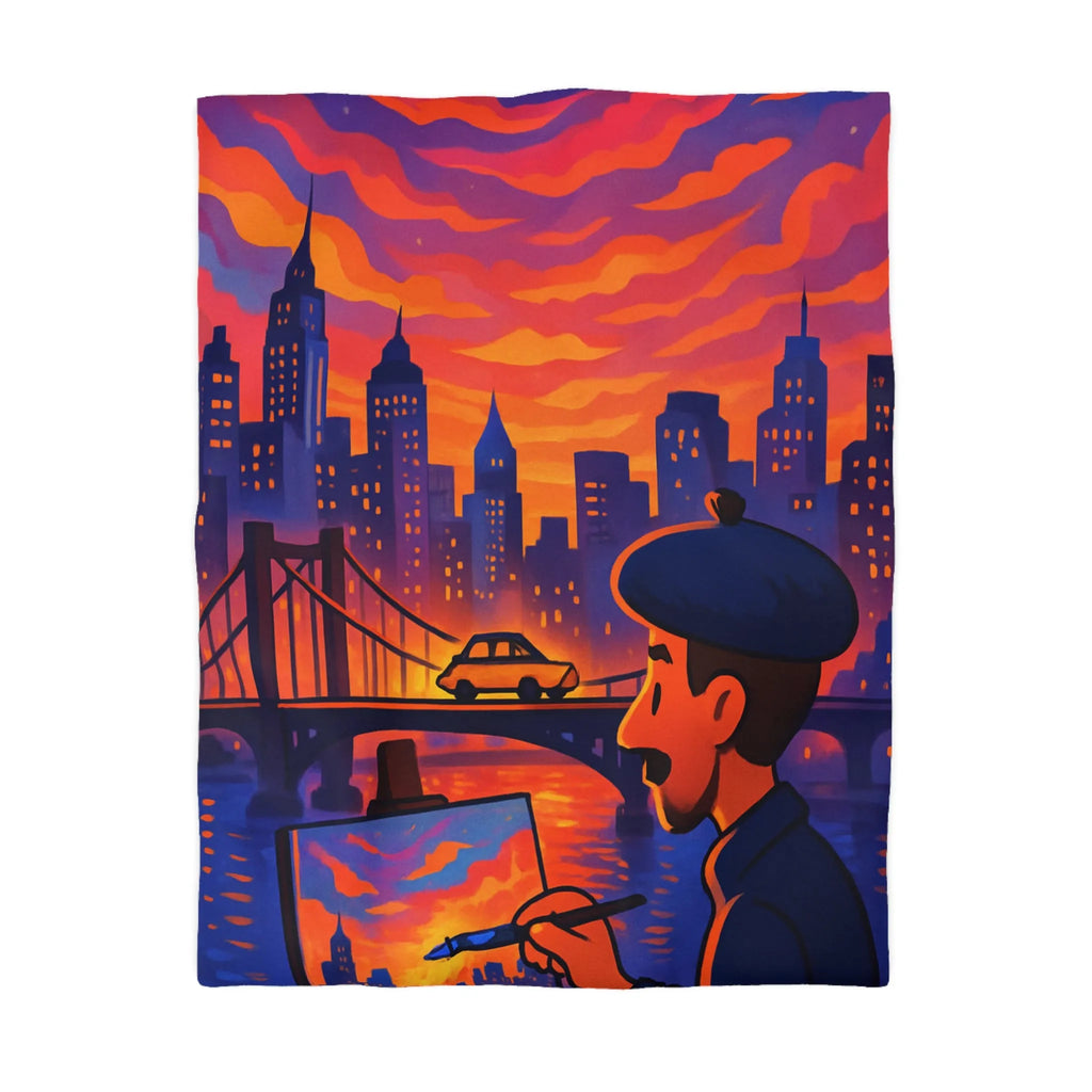 Housse de Couette Artiste Peignant Pont Cityscape Coucher de Soleil Vibrant