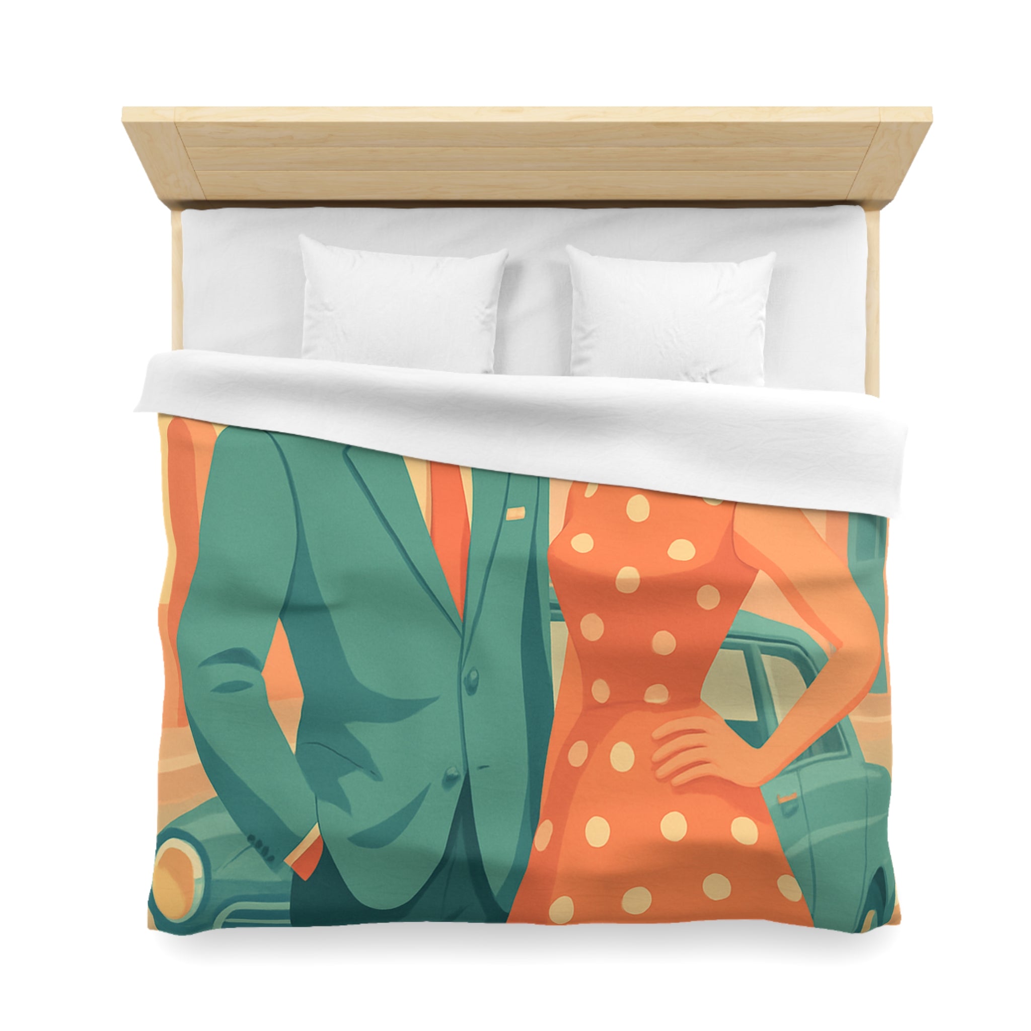Housse de couette vintage rétro avec couple élégant en habits années 50 chic
