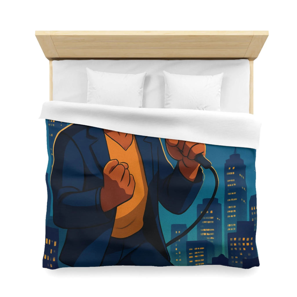 Housse de couette artistique : chanteur vibrant avec coucher de soleil et gratte-ciels