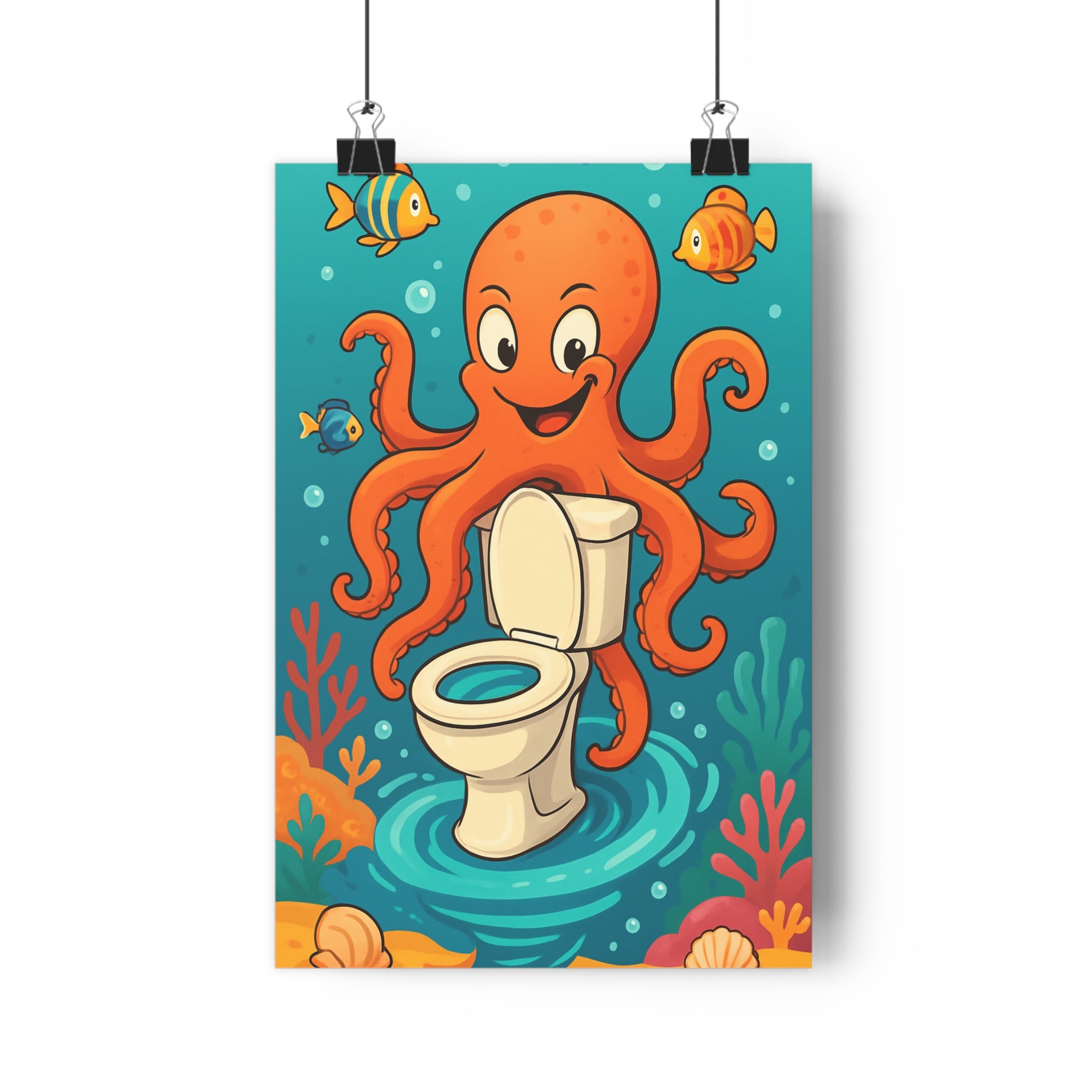 Poster décoratif cartoon bleu orange toilettes enfant humoristique pieuvre poisson coloré ludique joyeux amusant
