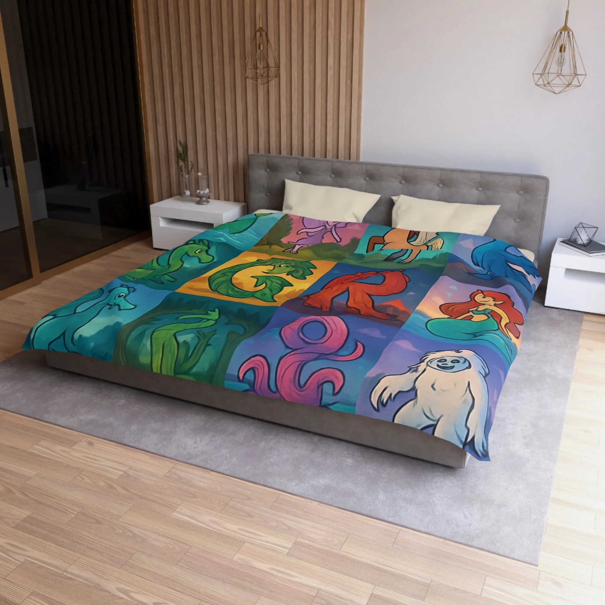 Housse de couette enchantée avec lettres magiques et créatures mythiques colorées