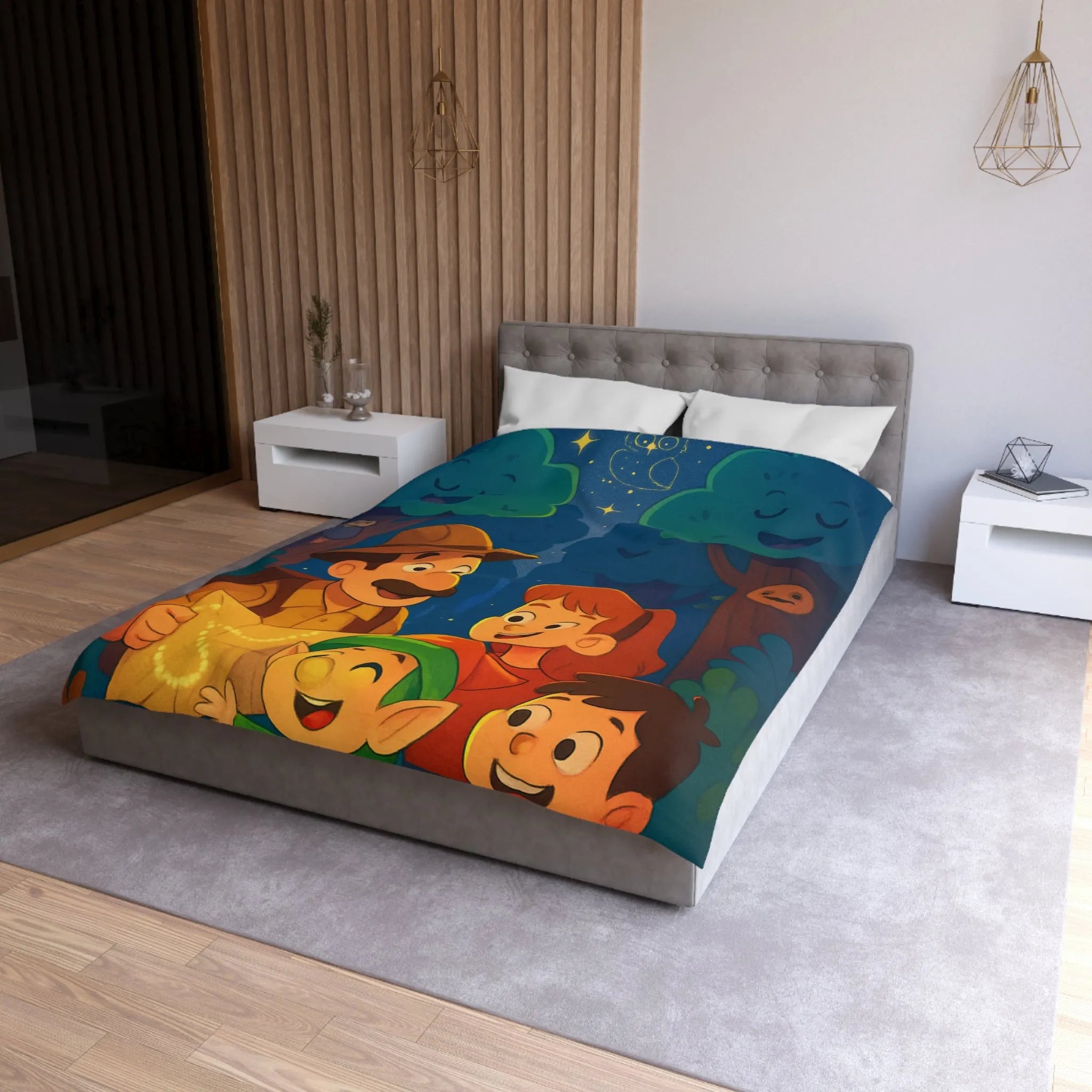 Housse de Couette Enfant Illustrée: Aventure Nocturne en Forêt avec Constellations Magiques