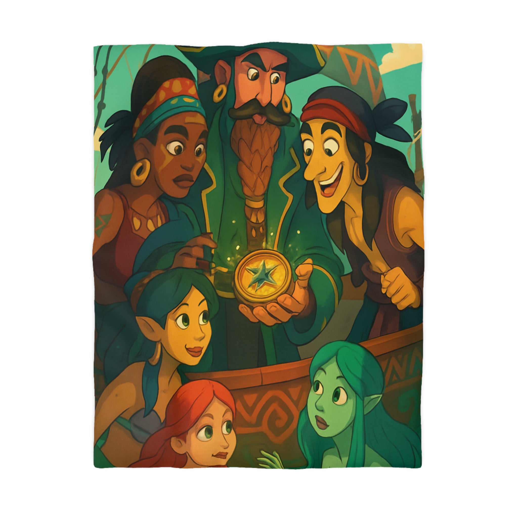 Housse de couette pirate et sirènes avec trésor sur mer émeraude et ciel