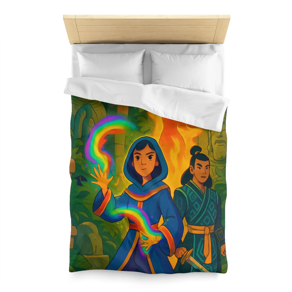 Housse de couette magique colorée : aventure mystique avec personnages énigmatiques et feu flamboyant