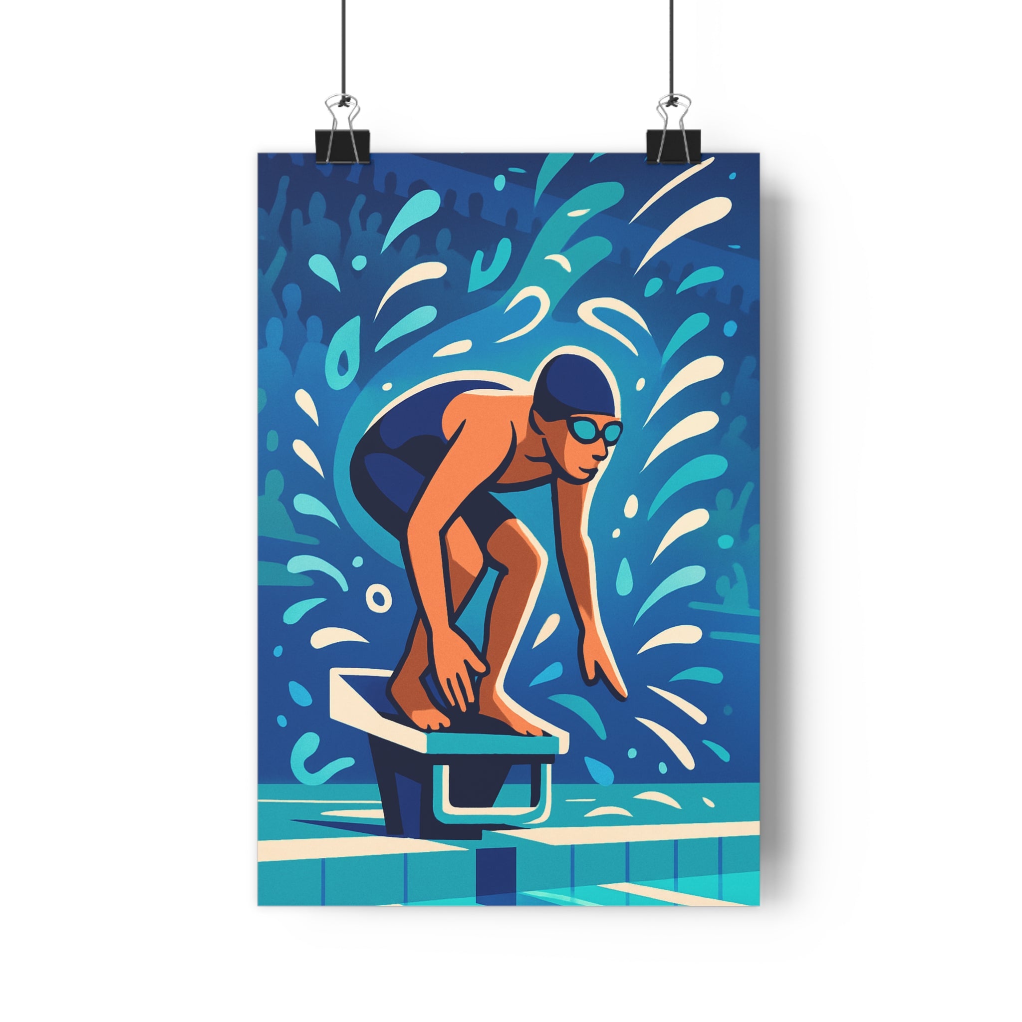 Poster décoratif cartoon nageur bleu orange sportif dynamique chambre enfant piscine format 30x46 cm
