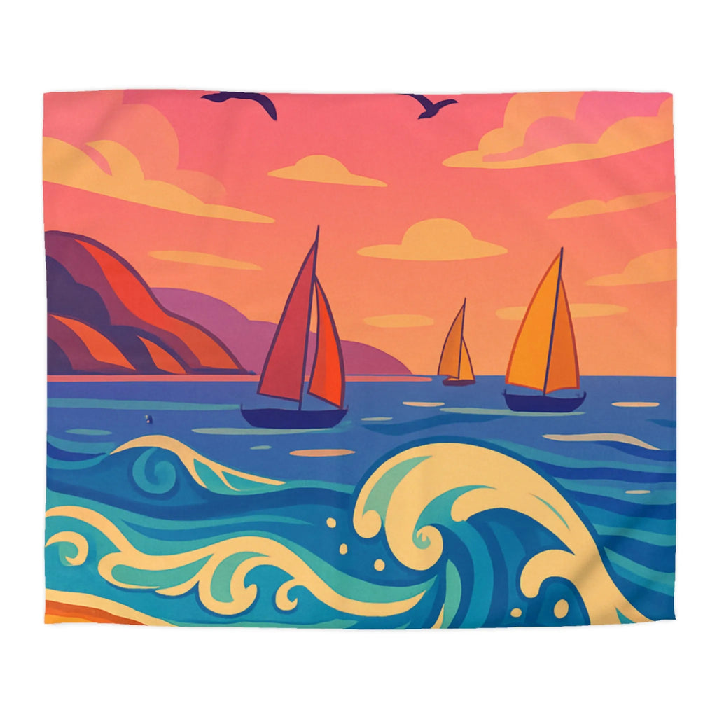 Housse de couette colorée avec paysage marin, voiliers et coucher de soleil vibrant