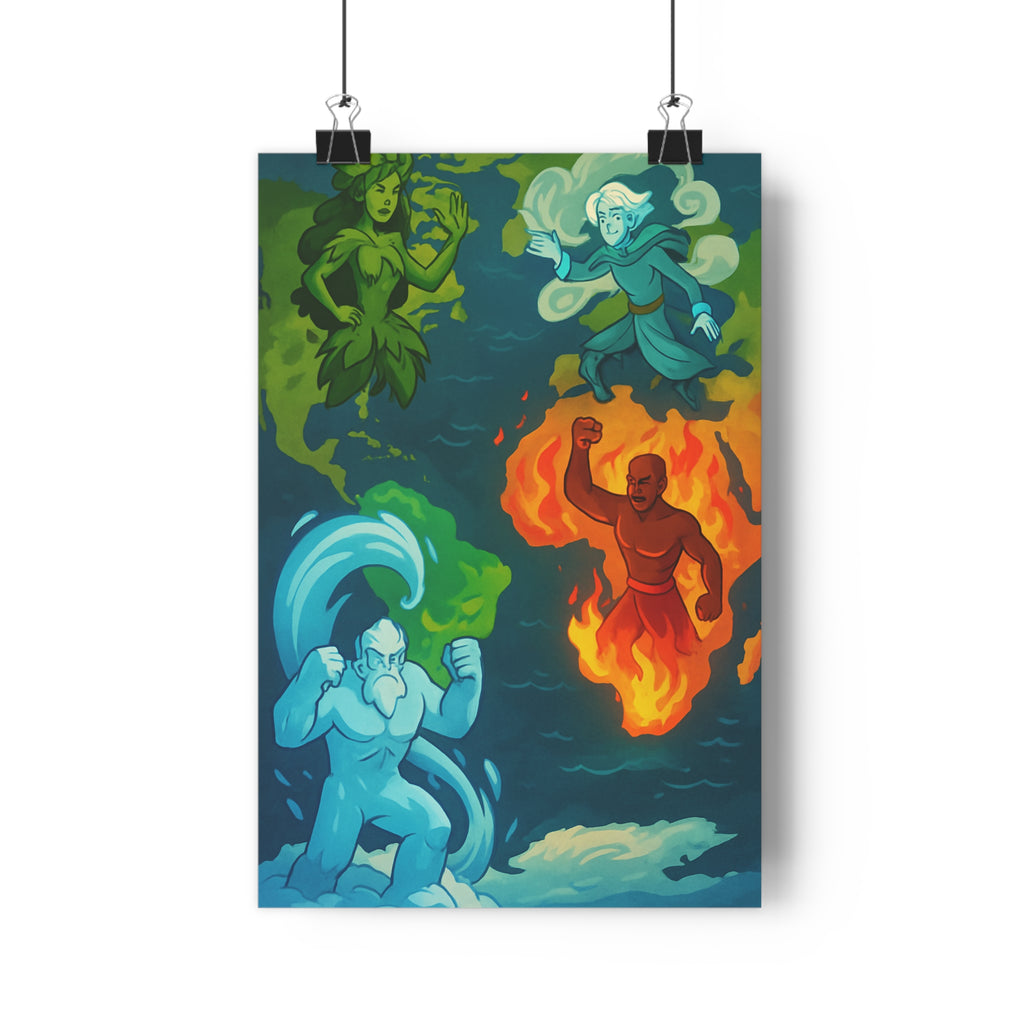 Poster décoratif carte monde cartoon épique vert bleu rouge terre air feu chambre bureau