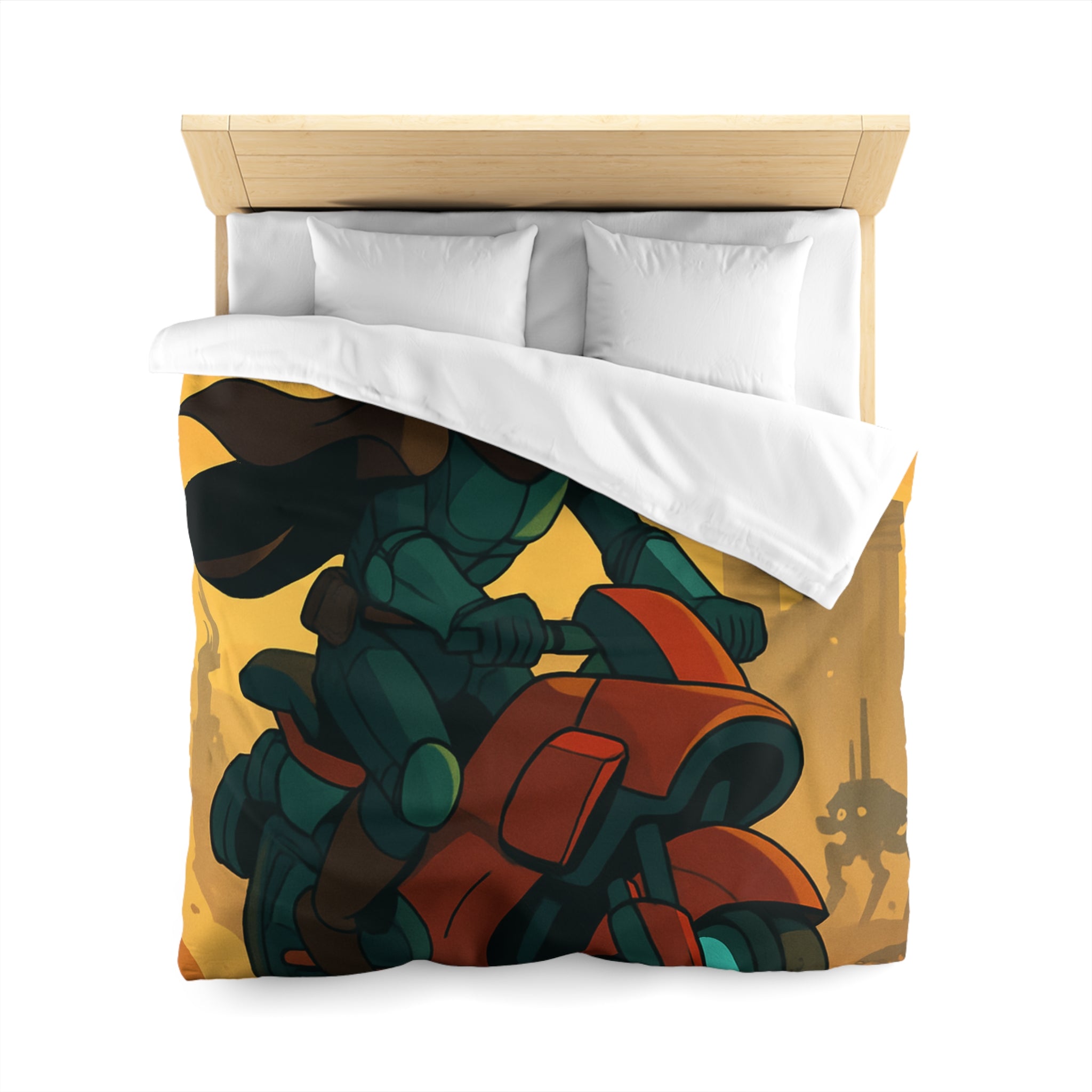 Housse de couette moto futuriste avec pilote en armure et paysage urbain orange