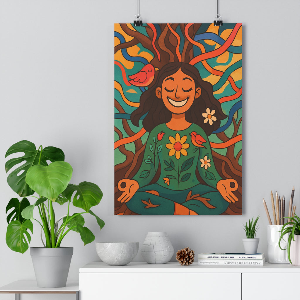 Poster décoratif méditation femme nature cartoon joyeux surréaliste bleu jaune orange fleurs oiseaux qualité