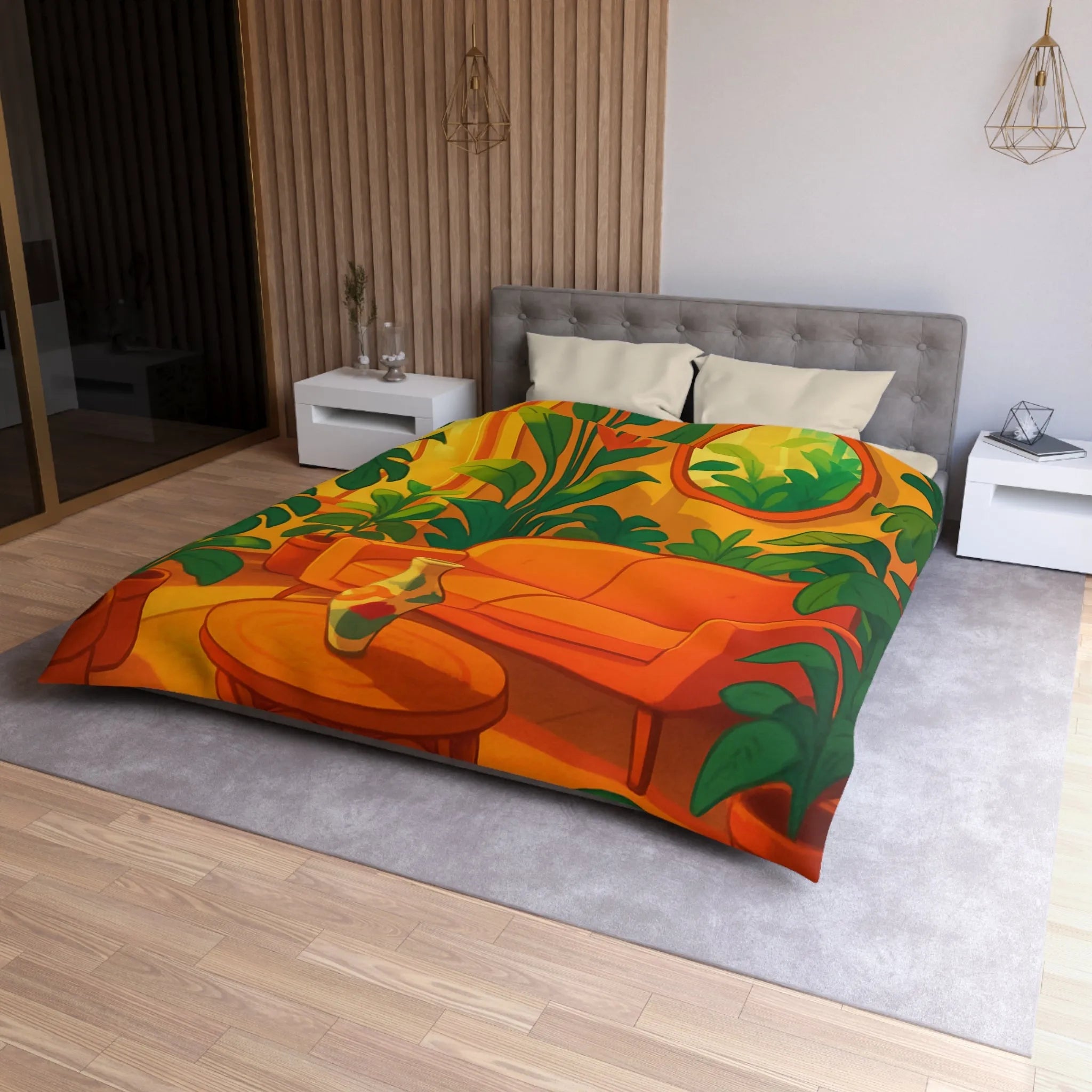 Housse de couette avec motif jungle moderne, ambiance chaleureuse et couleurs éclatantes
