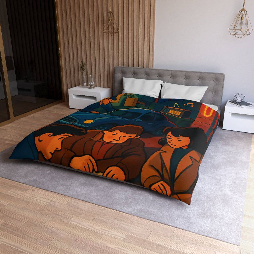 Housse de couette vintage ambiance atelier auto avec carte et personnages concentrés