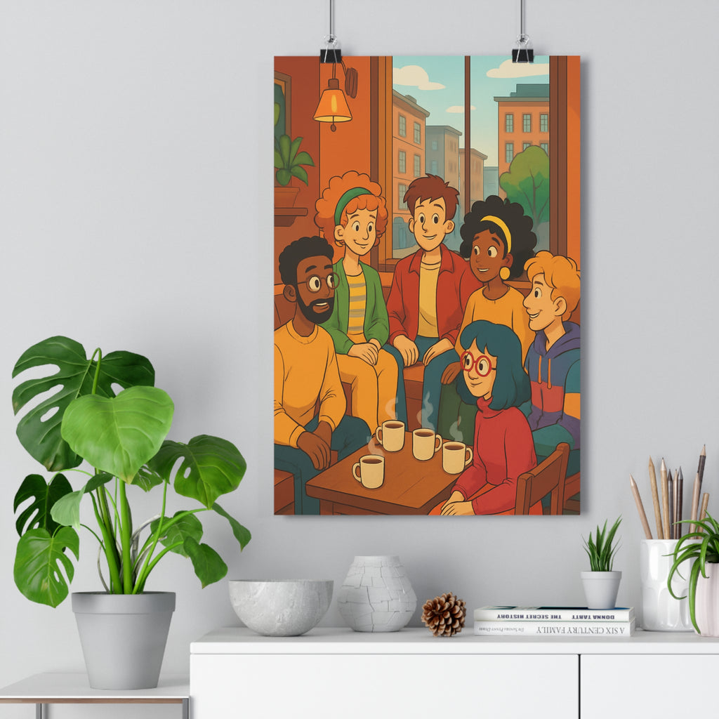 Poster décoratif dessin animé brun vert orange salon convivial chaleureux amitié café ensemble intérieur