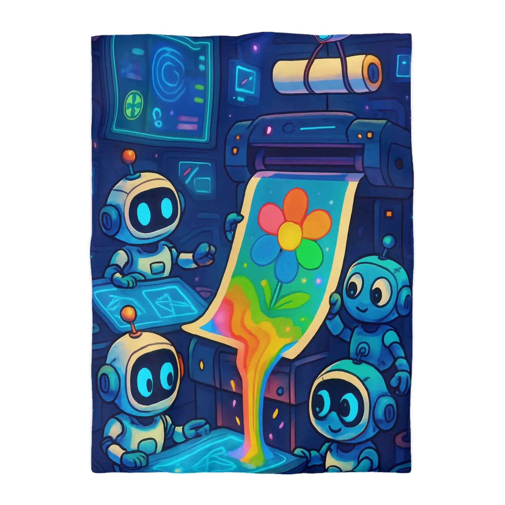 Drôles de robots imprimant une fleur colorée dans un atelier futuriste lumineux