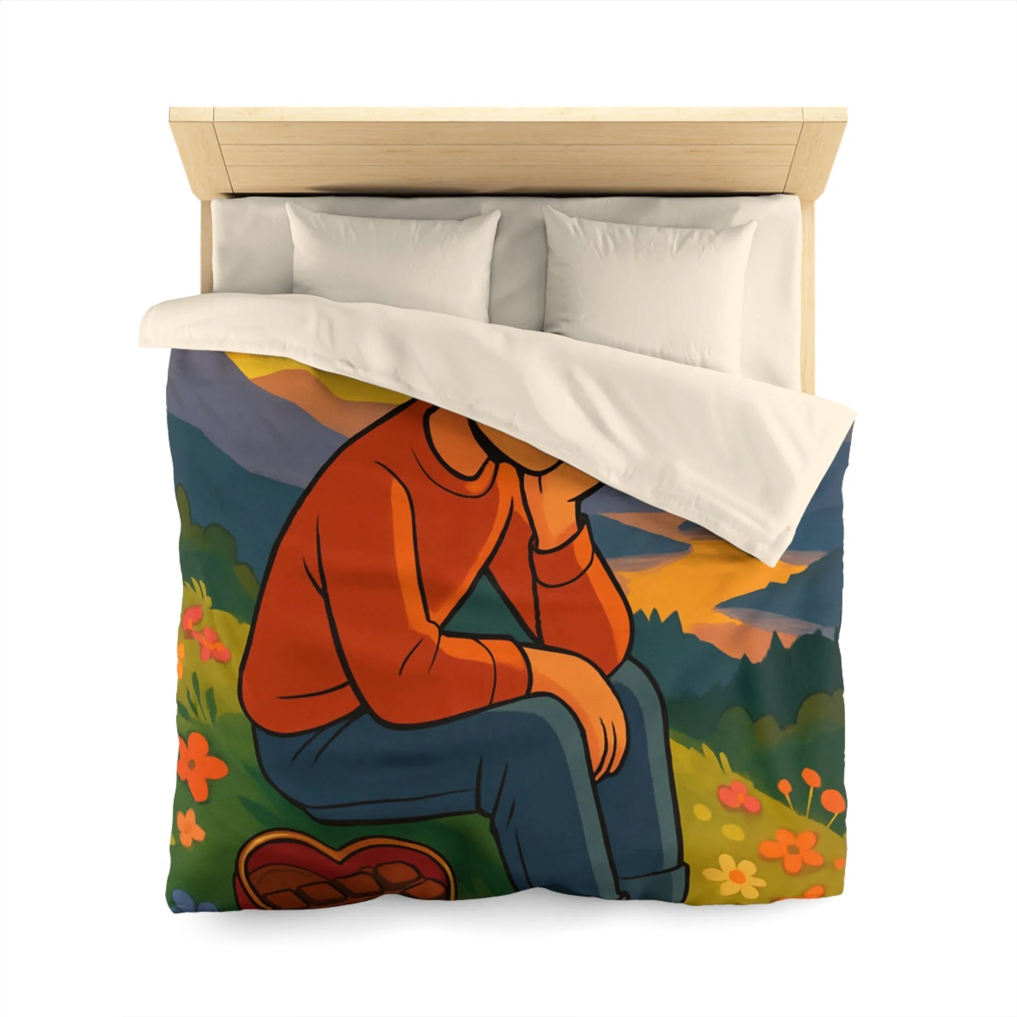 Housse de Couette Illustrée: Paysage Coloré avec Personnage Réfléchi et Coeur en Chocolat