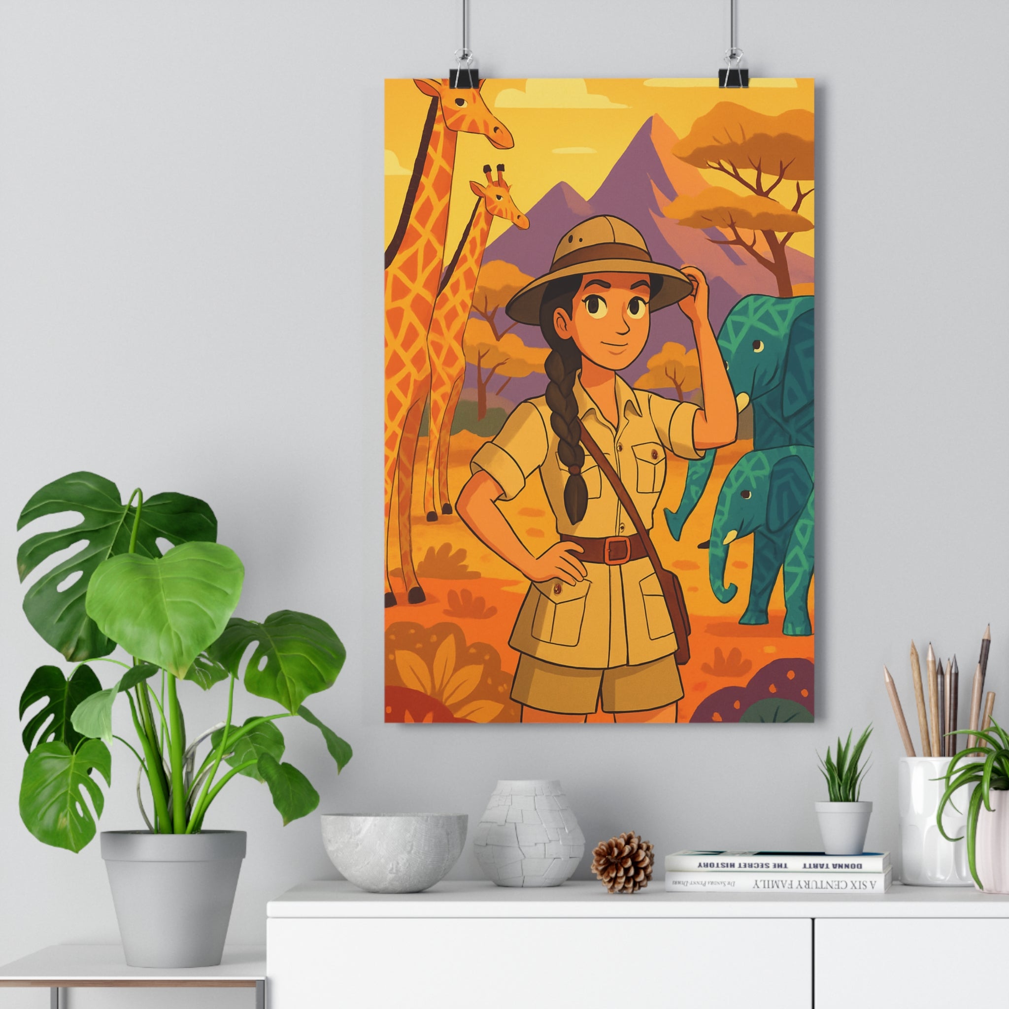 Poster décoratif aventurier exotique jaune orange cartoon aventure salon chambre savane girafes éléphants stylisés