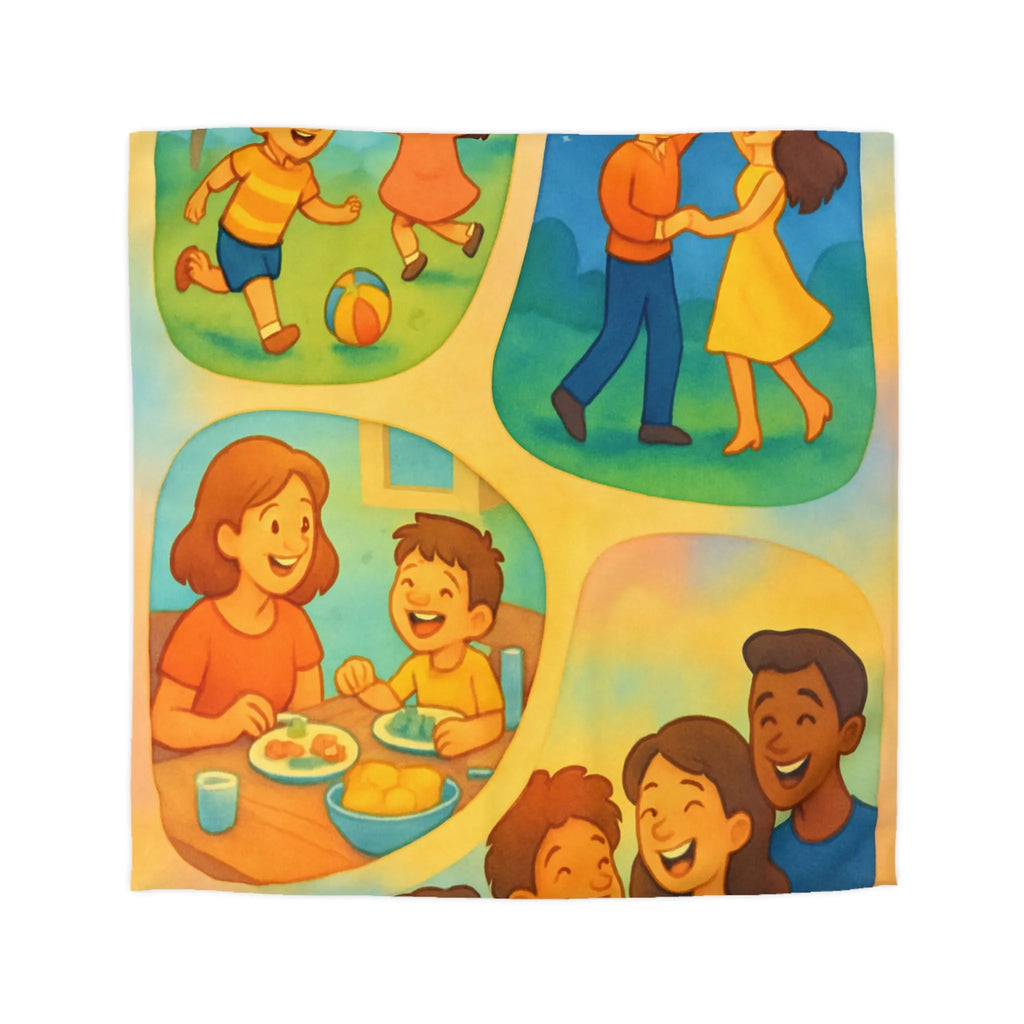 Housse de couette colorée illustrant des scènes joyeuses de la vie quotidienne familiale