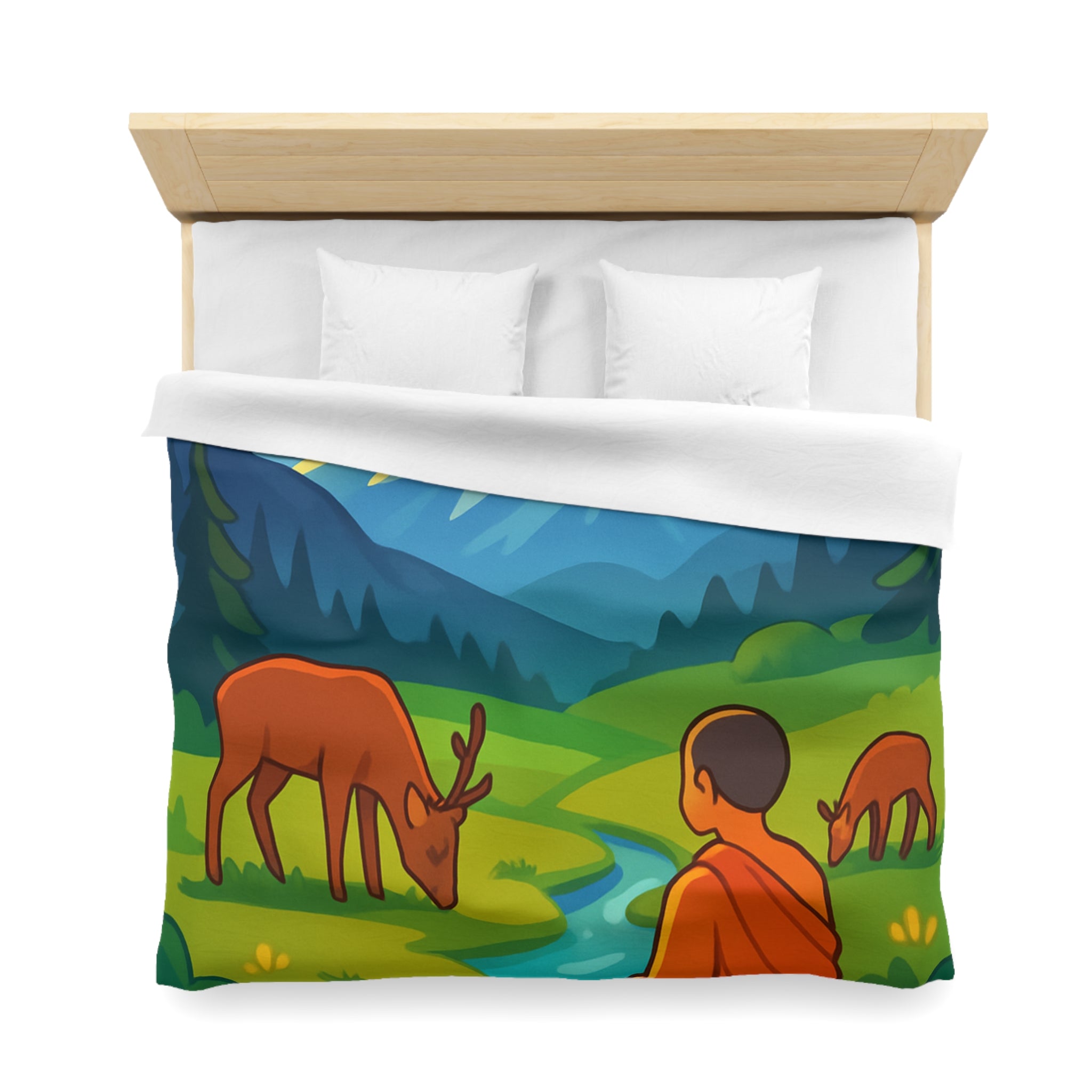 Housse de couette zen avec paysage montagneux, moine, cerfs et rivière tranquille