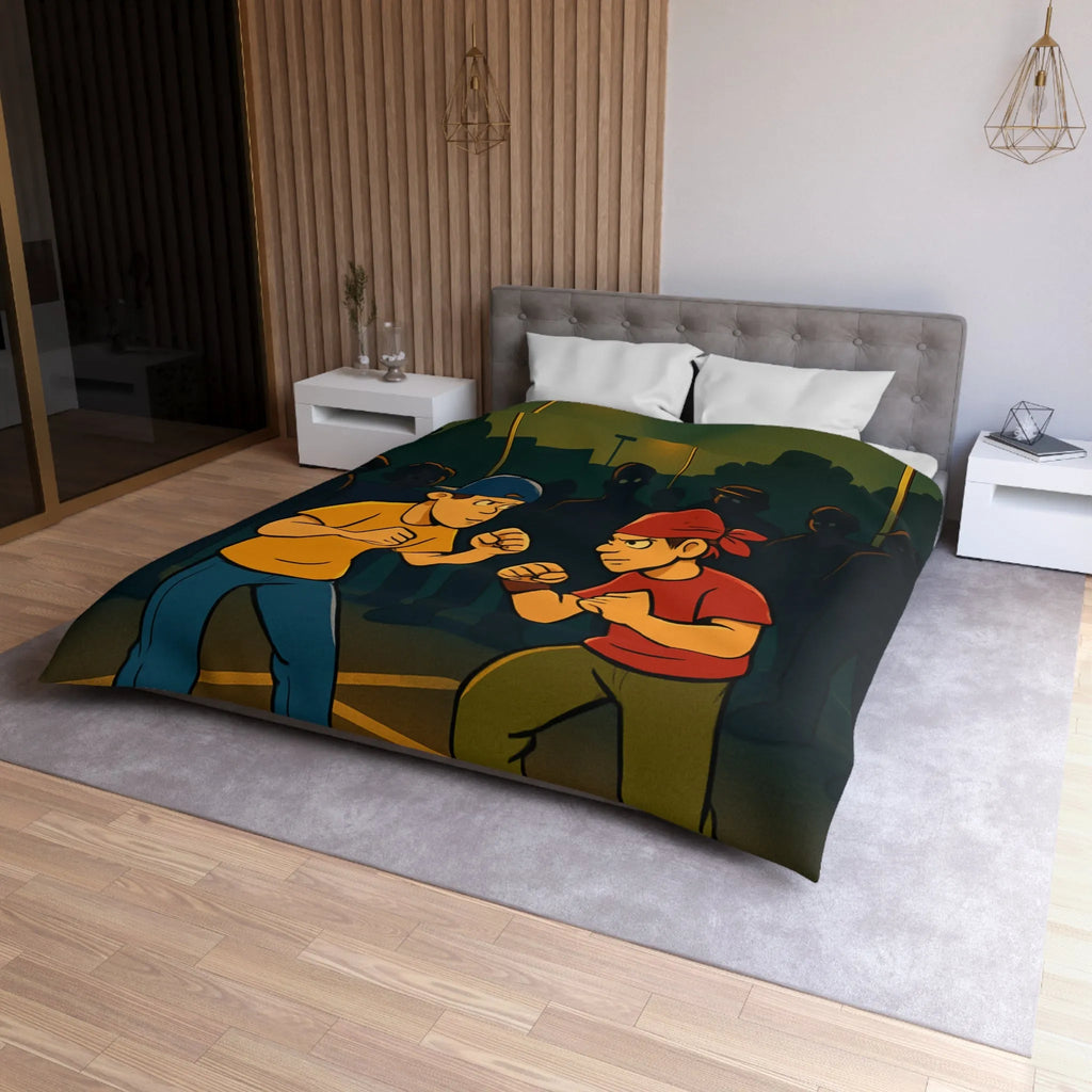 Housse de couette avec illustration urbaine de deux boxeurs sous lampadaires la nuit