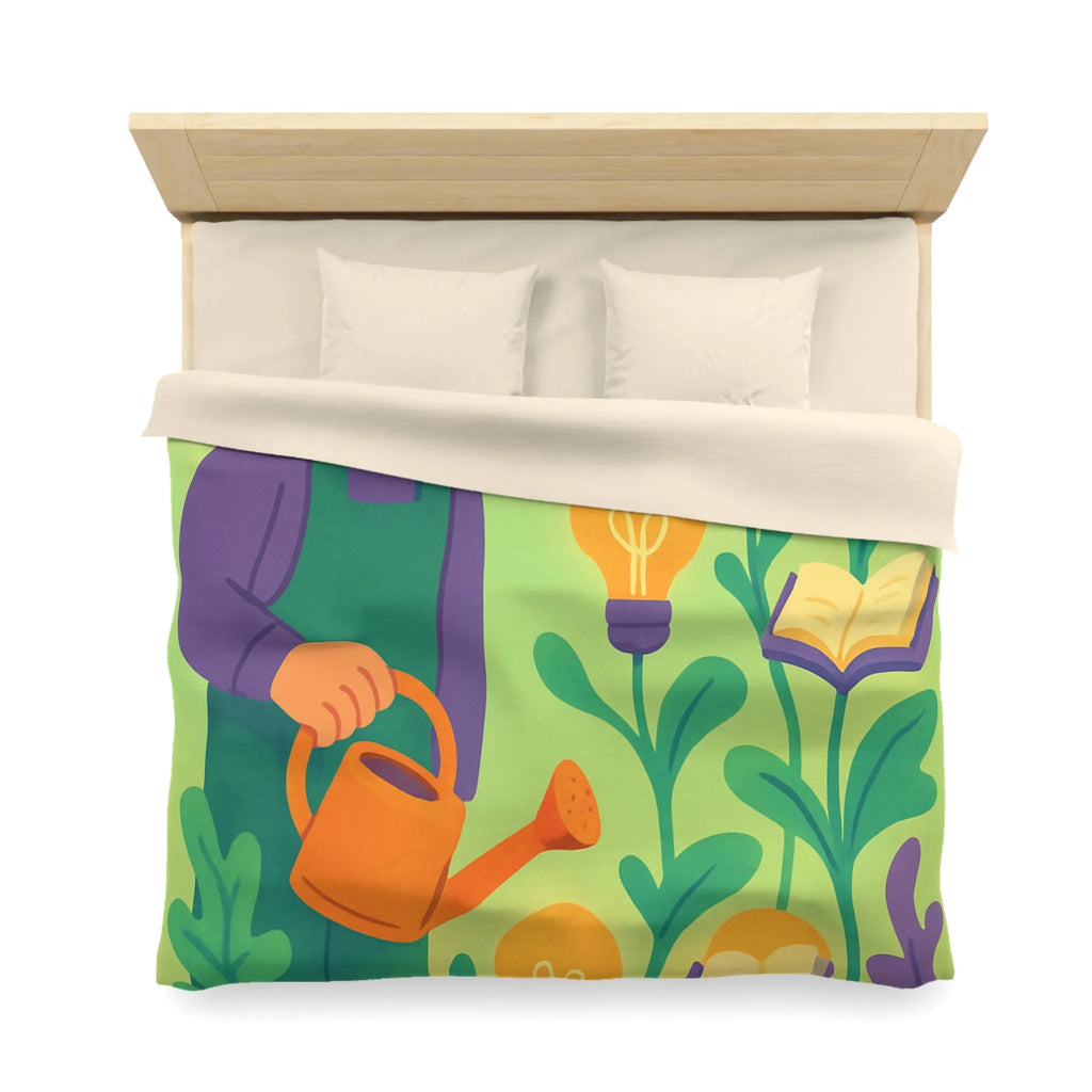 Housse de couette illustrée jardinier arrosant plantes avec ampoules et livres