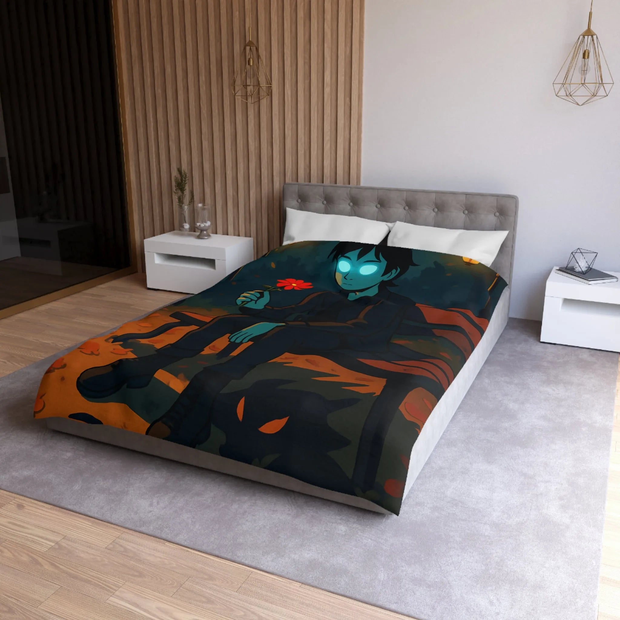 Housse de couette de parc nocturne mystérieux avec personnage sombre aux yeux lumineux