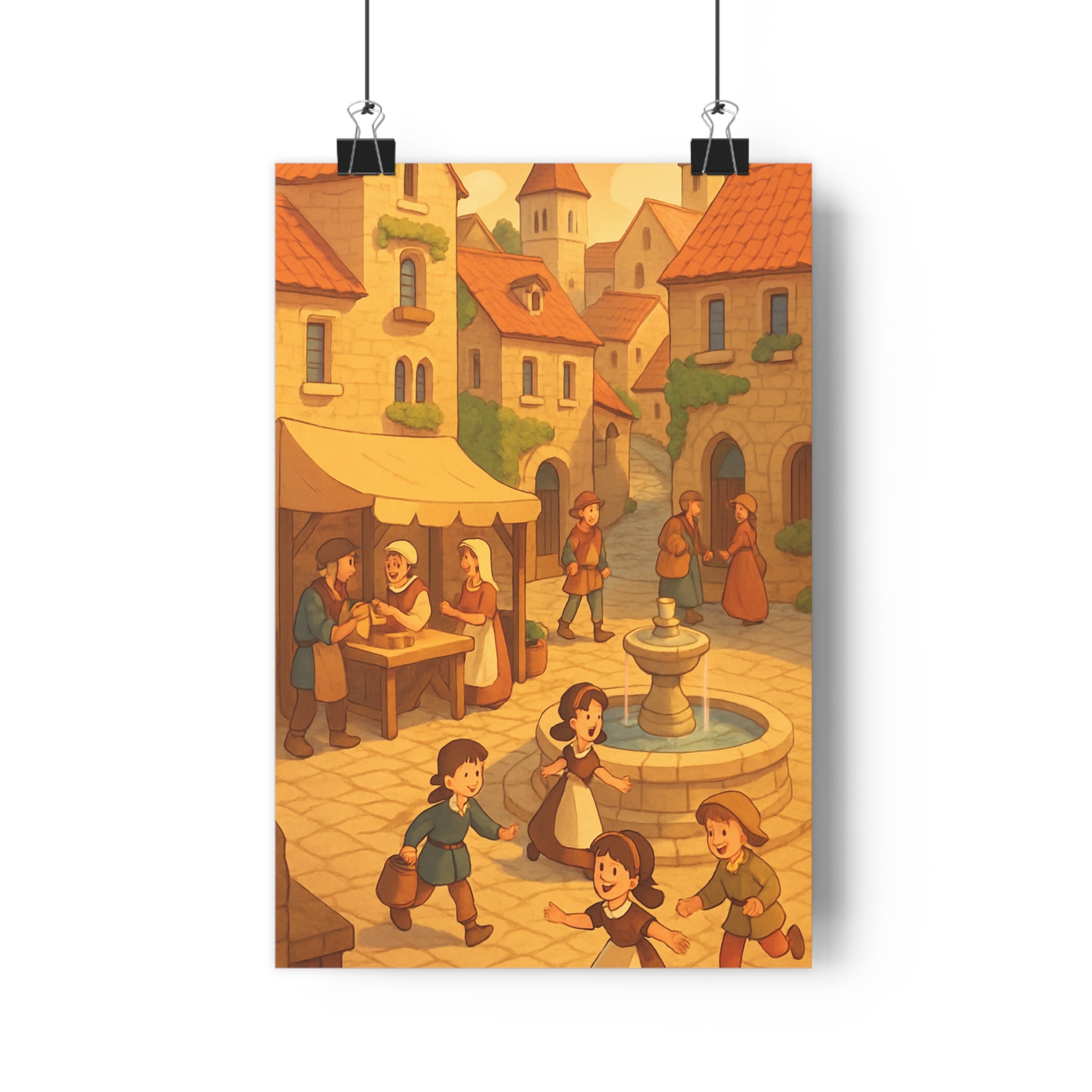 Poster décoratif animé cité historique médiévale joyeux enfant village pierre rouge chaleureux salon qualité