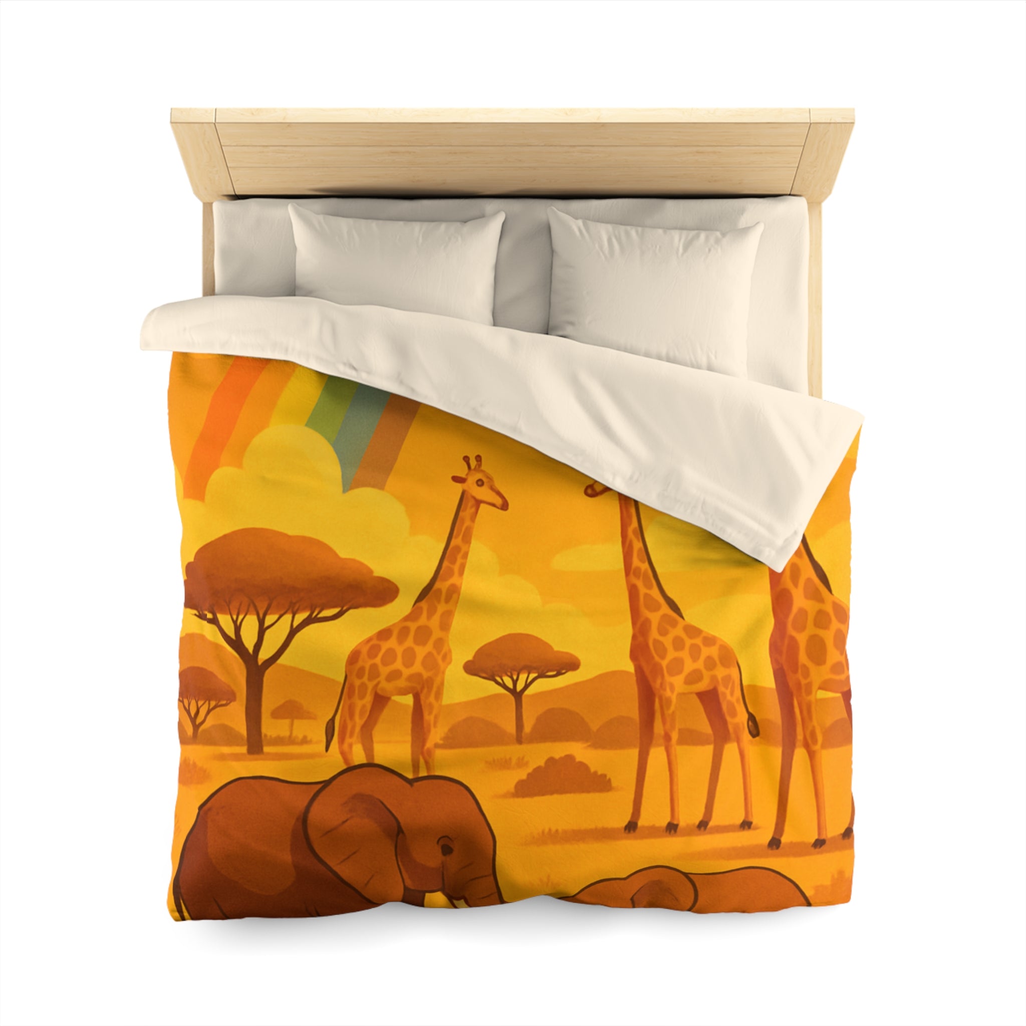Housse de couette safari enfant avec éléphants, girafes et arc-en-ciel vibrant