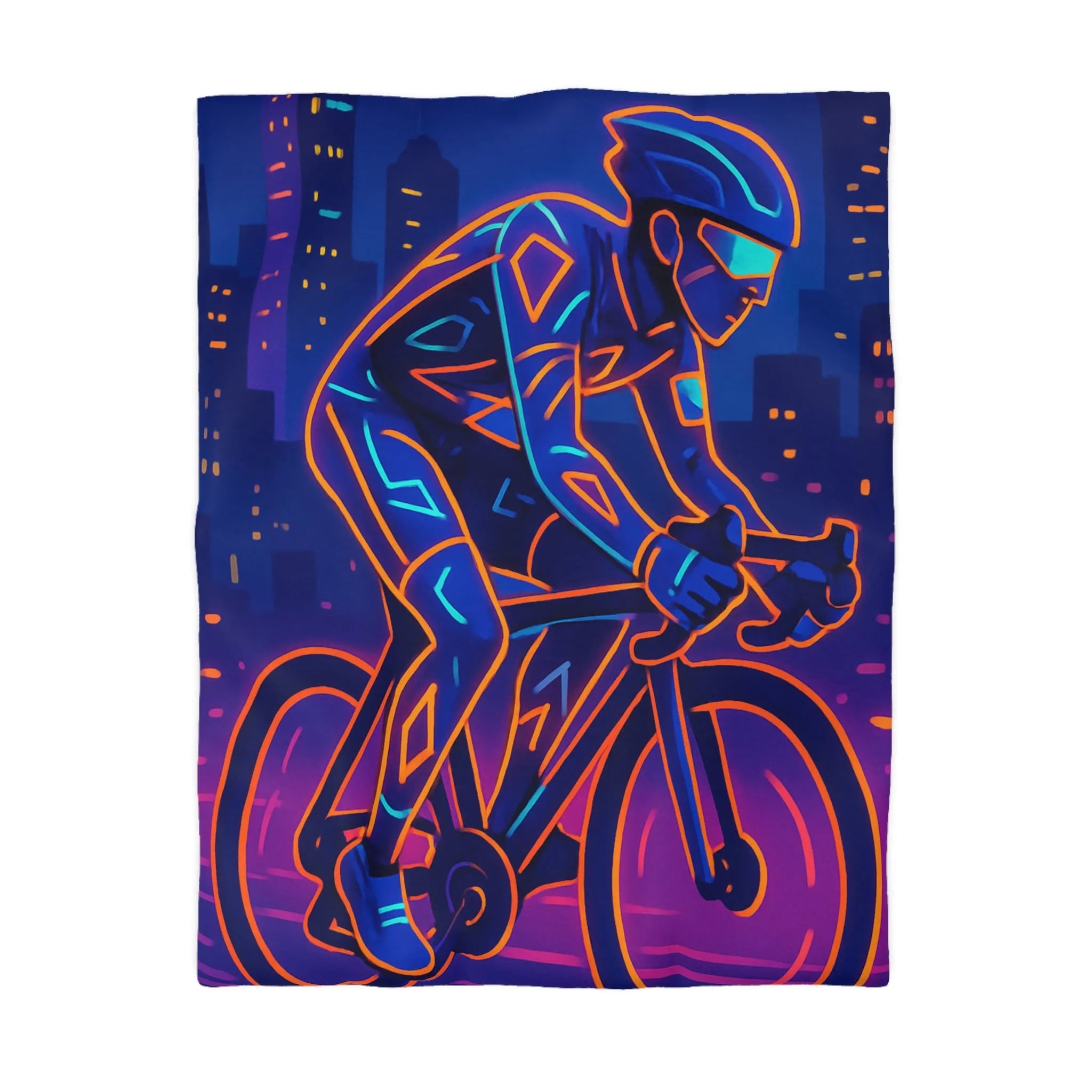 Housse de couette cycliste néon sur fond de ville sous ciel nocturne vibrant