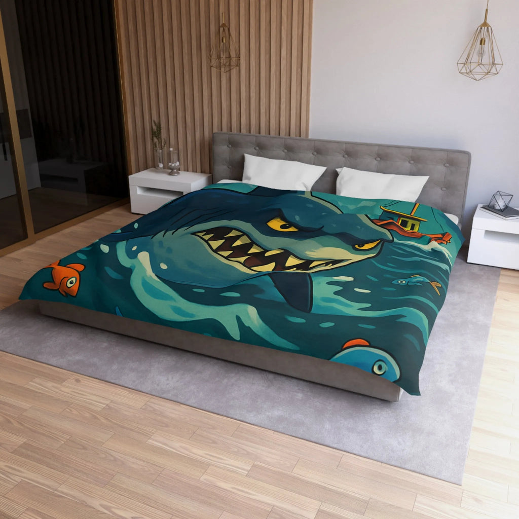 Housse de couette avec requin cartoon effrayant et poissons colorés en mer orageuse
