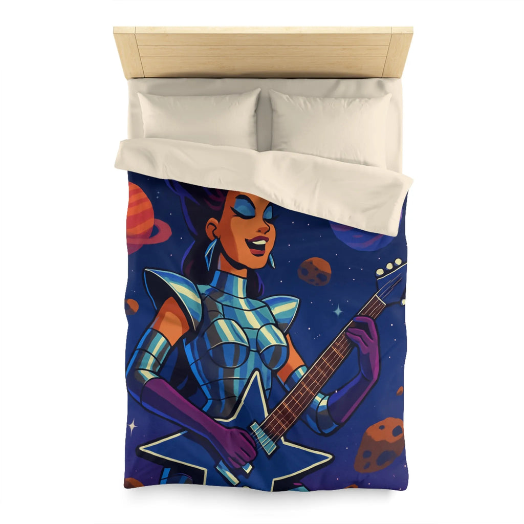 Housse de couette espace cosmique avec musicienne extraterrestre jouant de la guitare étoilée