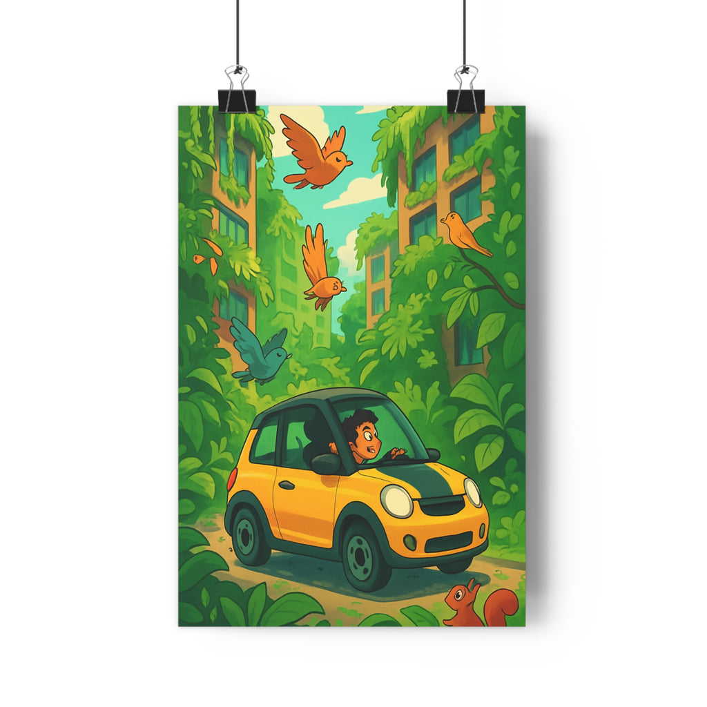 Poster décoratif cartoon jaune vert joyeux aventure chambre salon bureau nature original écologique vibrant