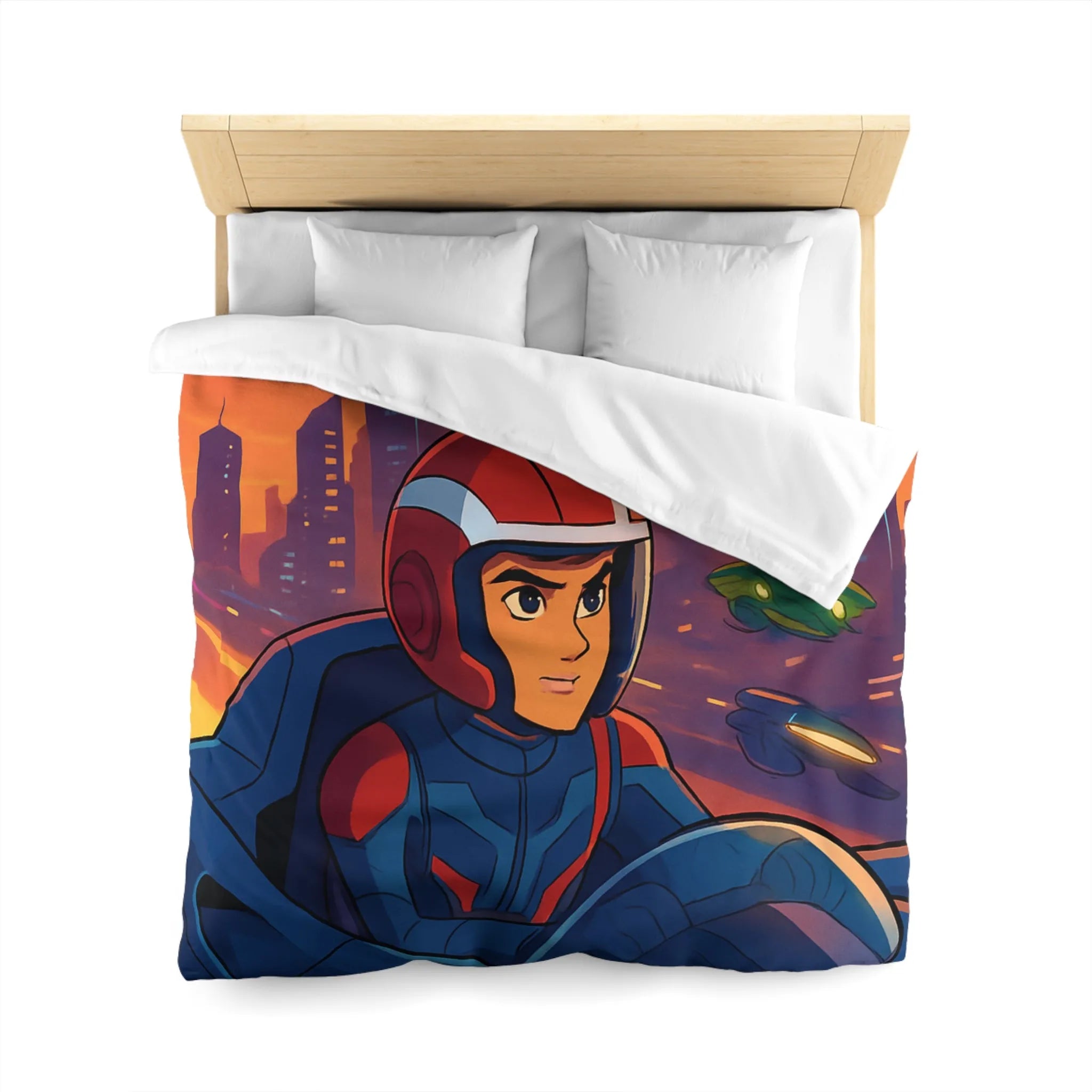Housse de couette futuriste avec pilote de course et voitures volantes en ville