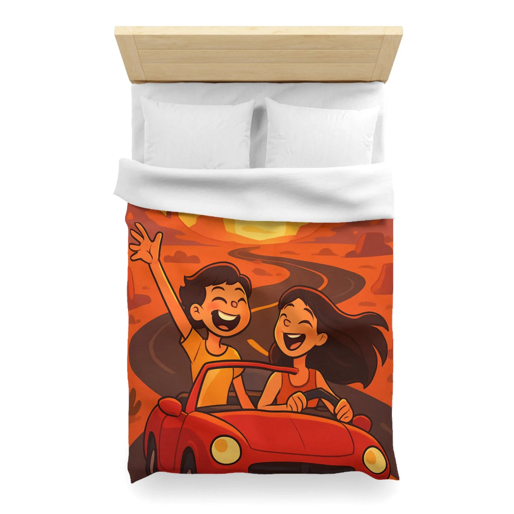 Aventure en voiture rouge dans un désert ensoleillé avec couple et aigle volant