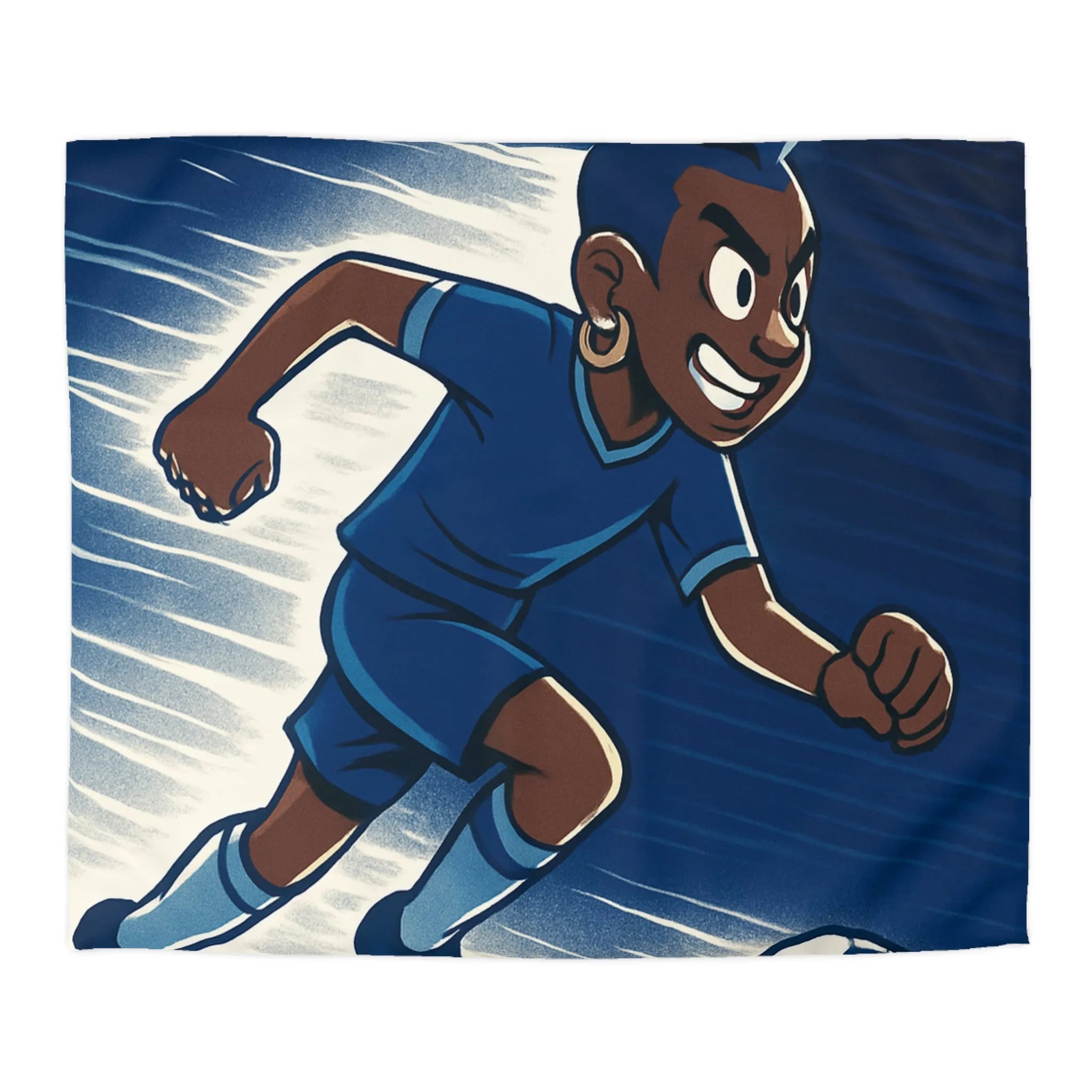 Housse de couette football dynamique garçon jouant au soccer style cartoon moderne bleu