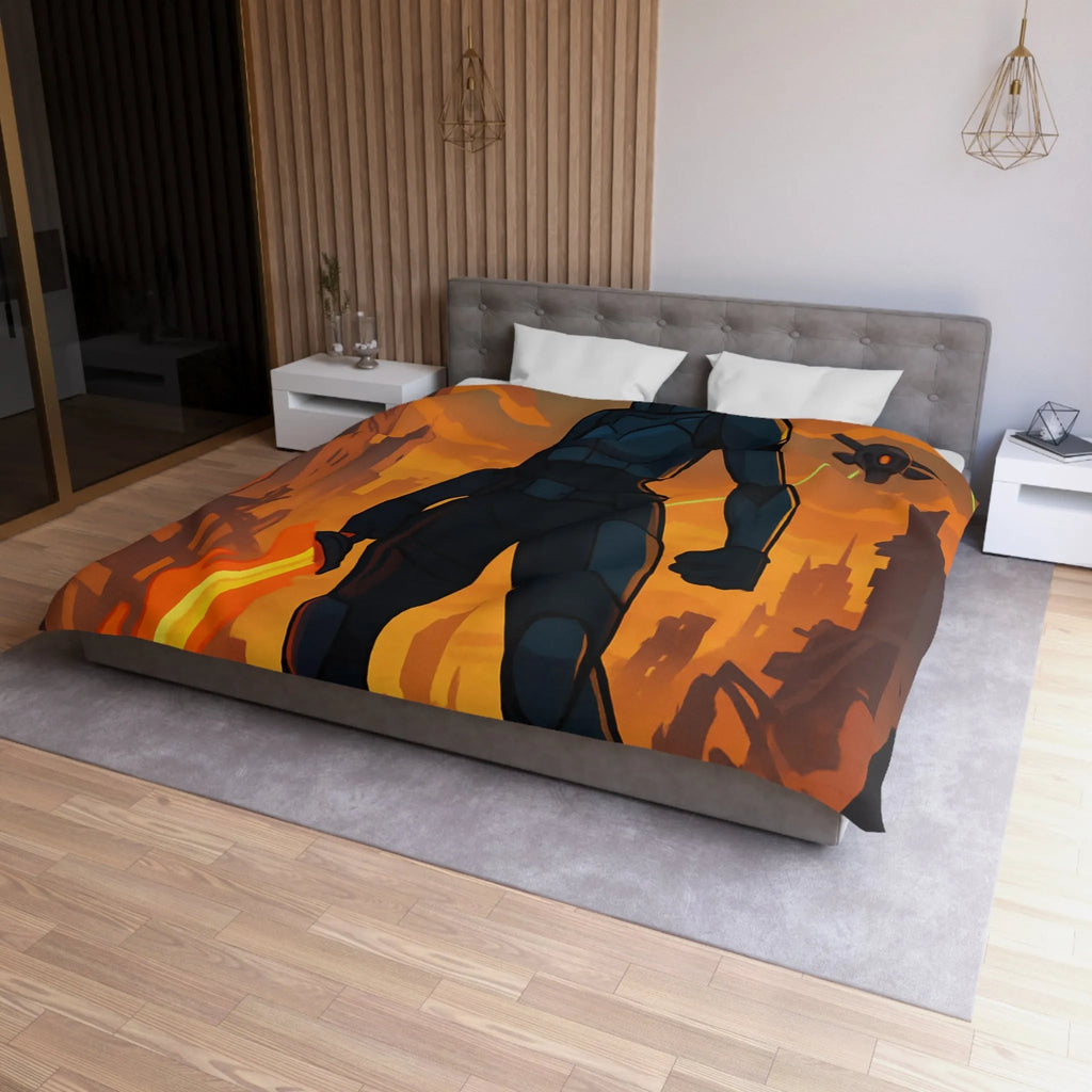 Housse de couette héroïque avec guerrier futuriste, drones volants et paysage apocalyptique