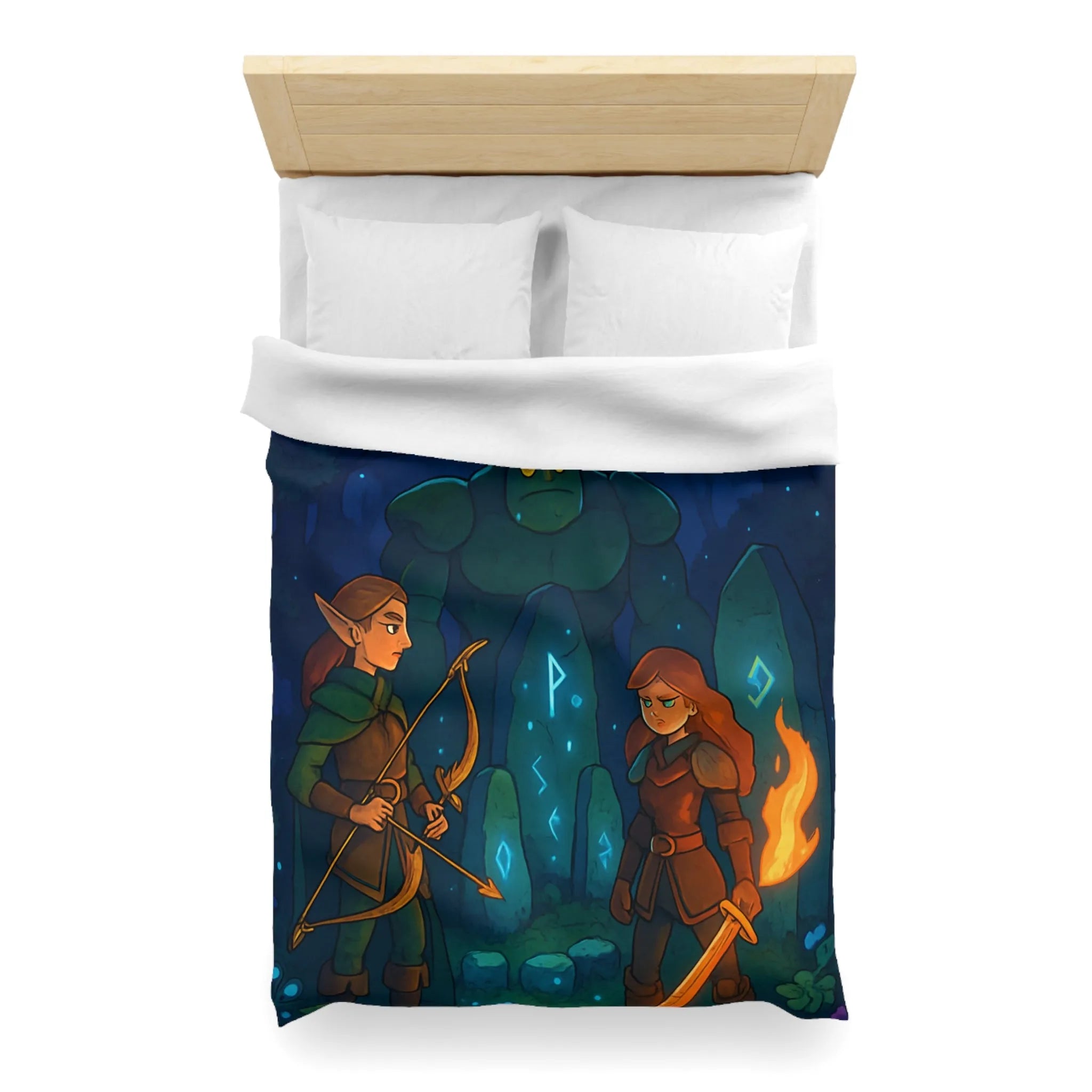 Housse de couette avec illustration de forêt mystique illuminée par runes magiques et lune
