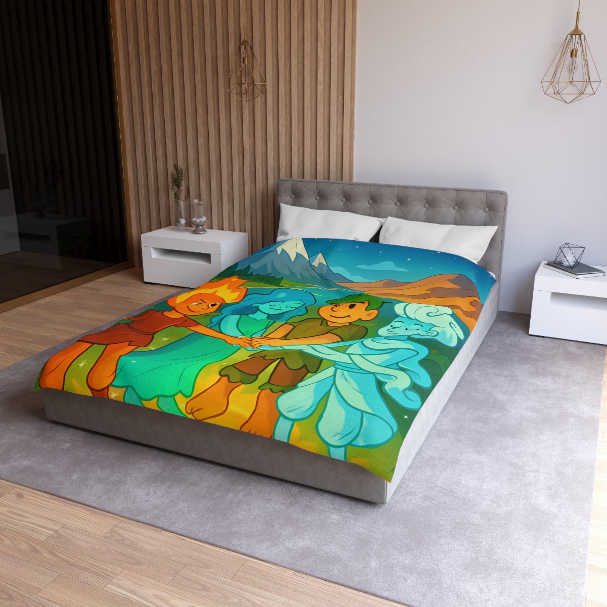 Housse de Couette Nature Enchantée avec Éléments Terre, Feu, Air et Eau Unifiés