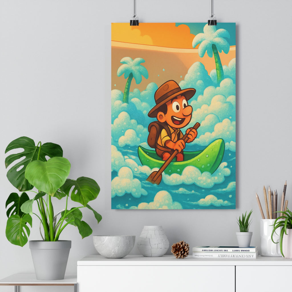 Poster décoratif aventurier bleu vert cartoon exotique joyeux aventure salle bain ambiance mousse 30x46