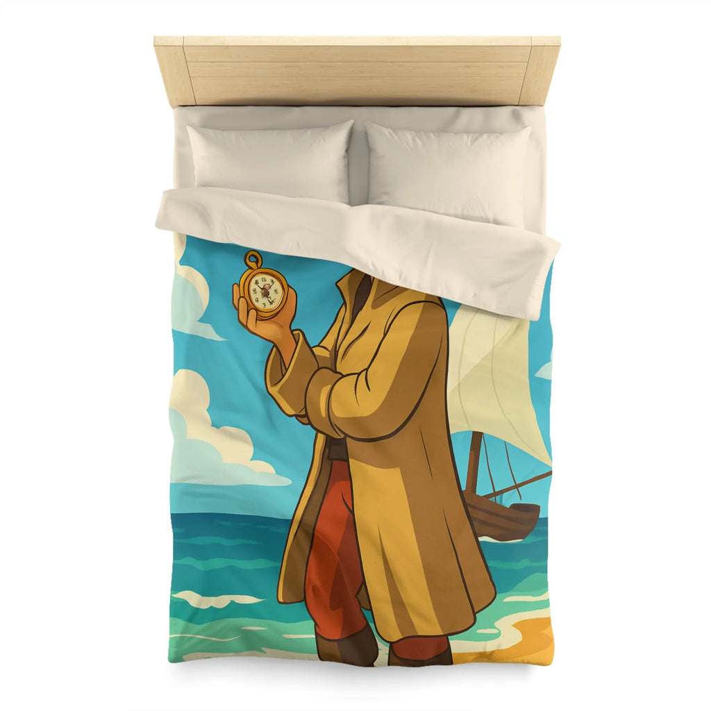 Housse de couette avec illustration de marin vintage et montres de poche sur plage