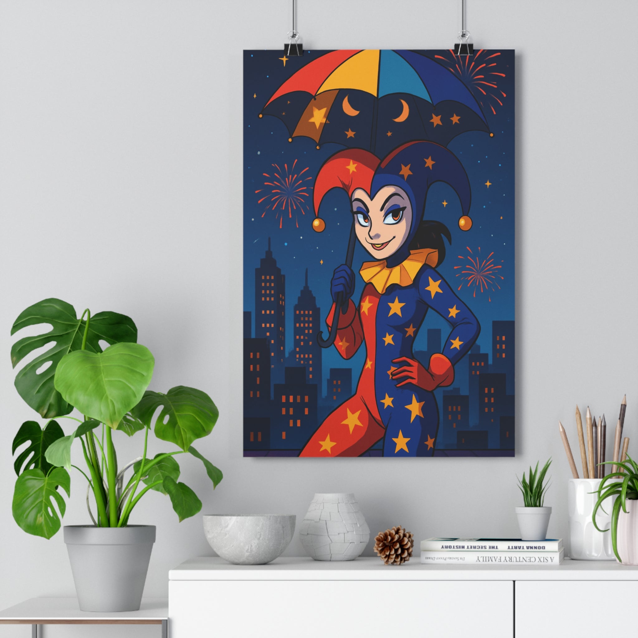 Poster décoratif anime rouge bleu nocturne joyeux salon chambre art mural festif vibrant qualité